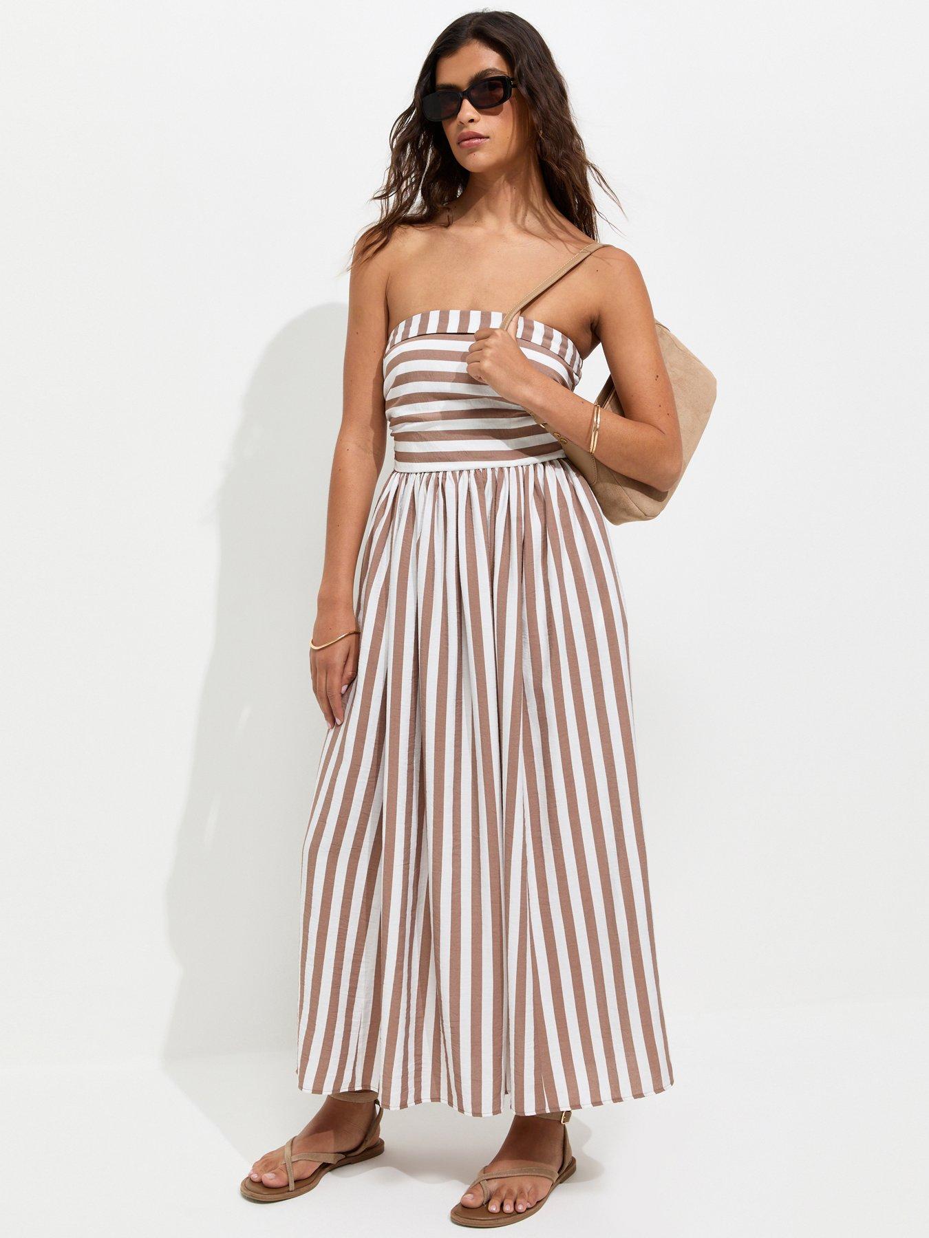 New Look Striped Bandeau Midi Dress - Brown