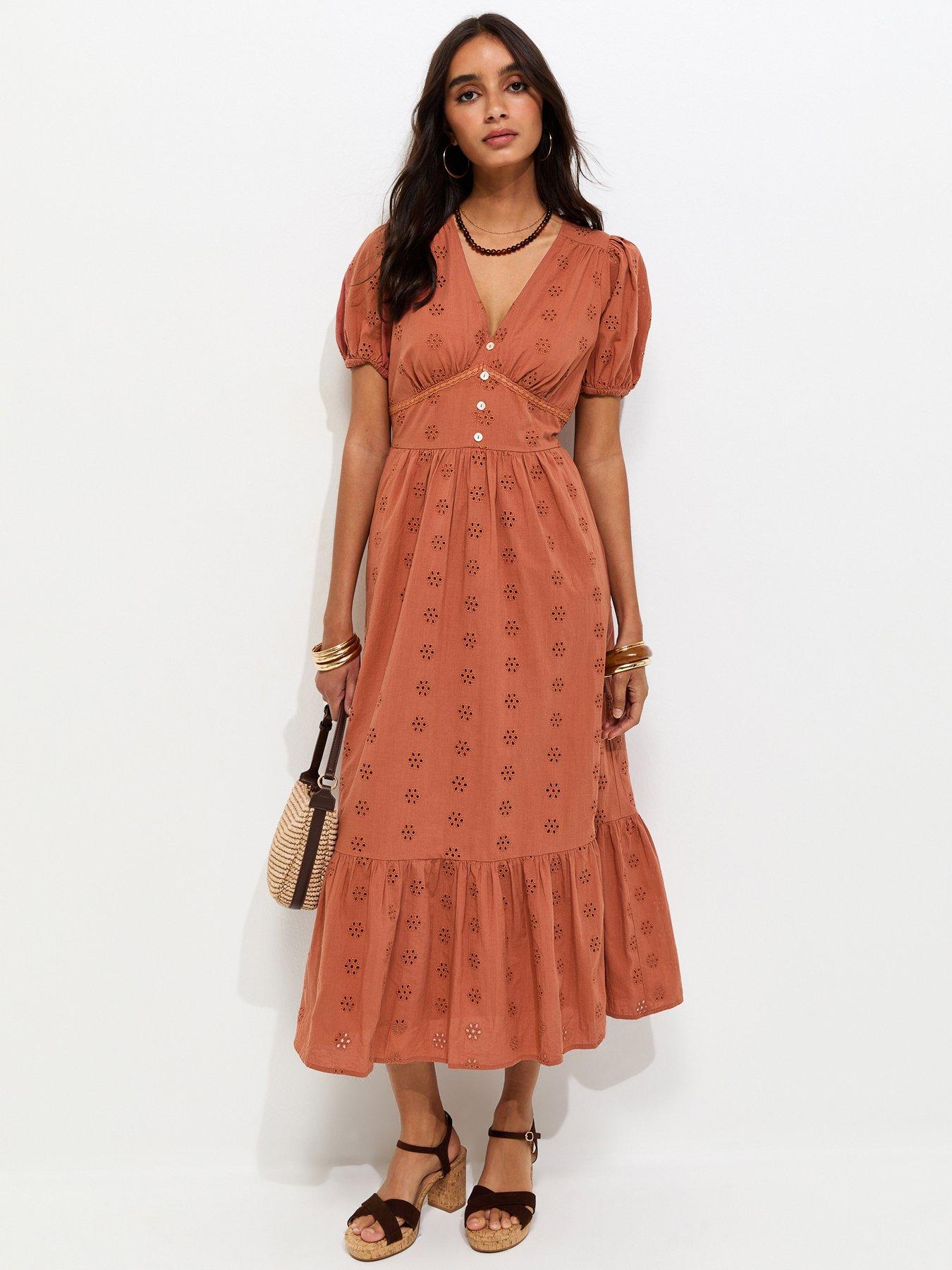 New Look Rust Cotton Broderie Anglaise Puff Sleeve Midi Dress - Orange