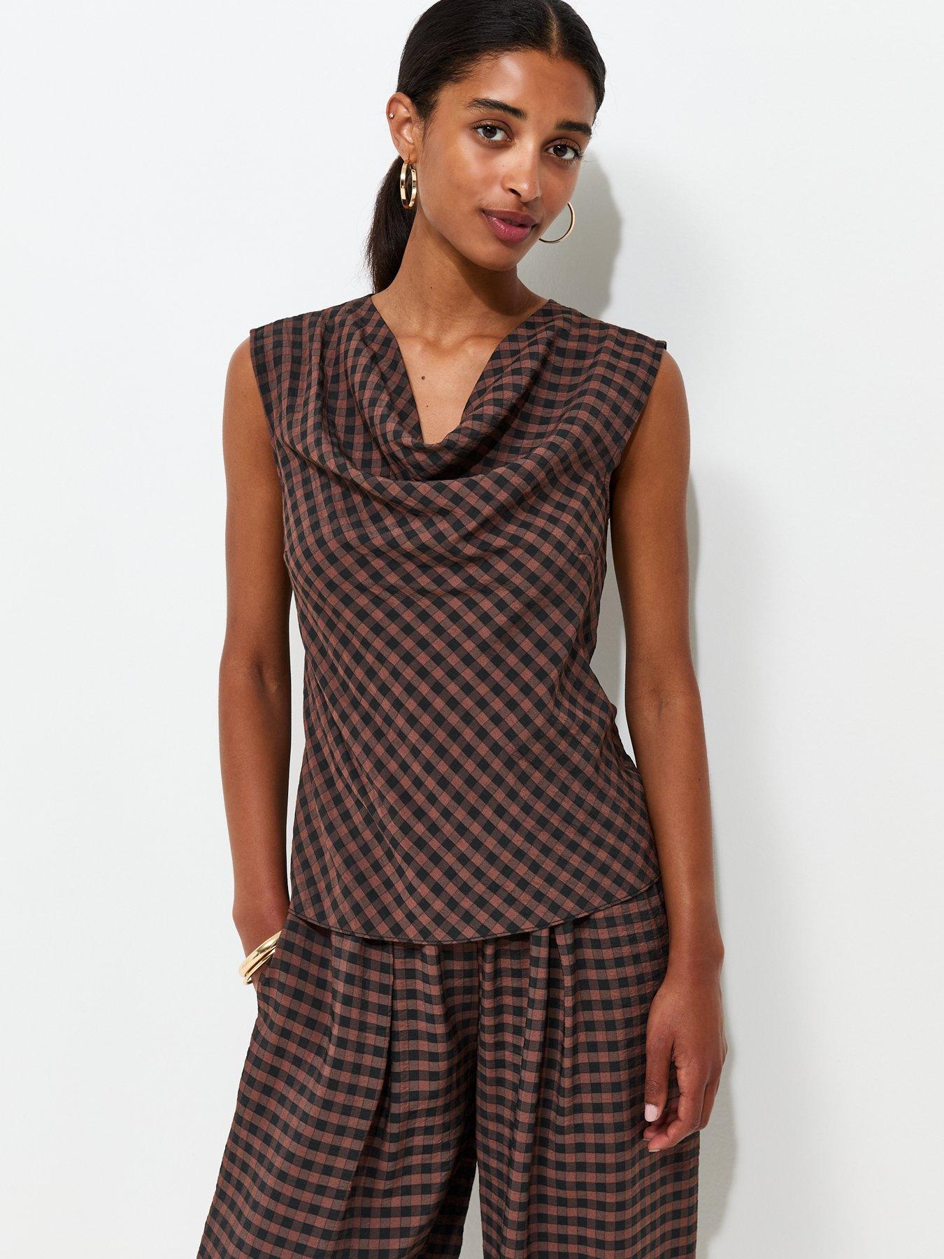 New Look Check Pattern Cowl Neck Woven Top - Brown
