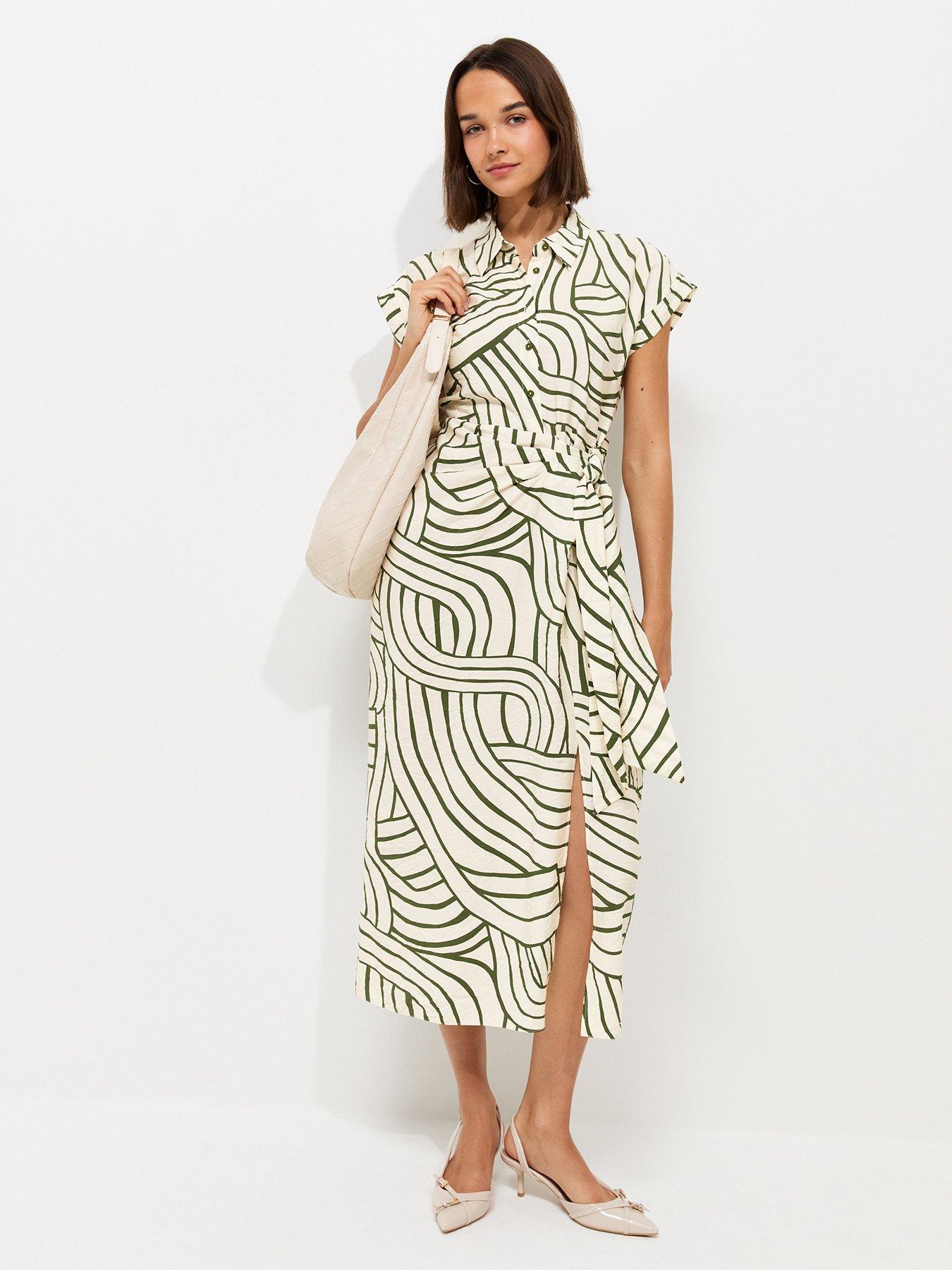 New Look Geometric Print Tie Waist Midi Shirt Dress - Cream
