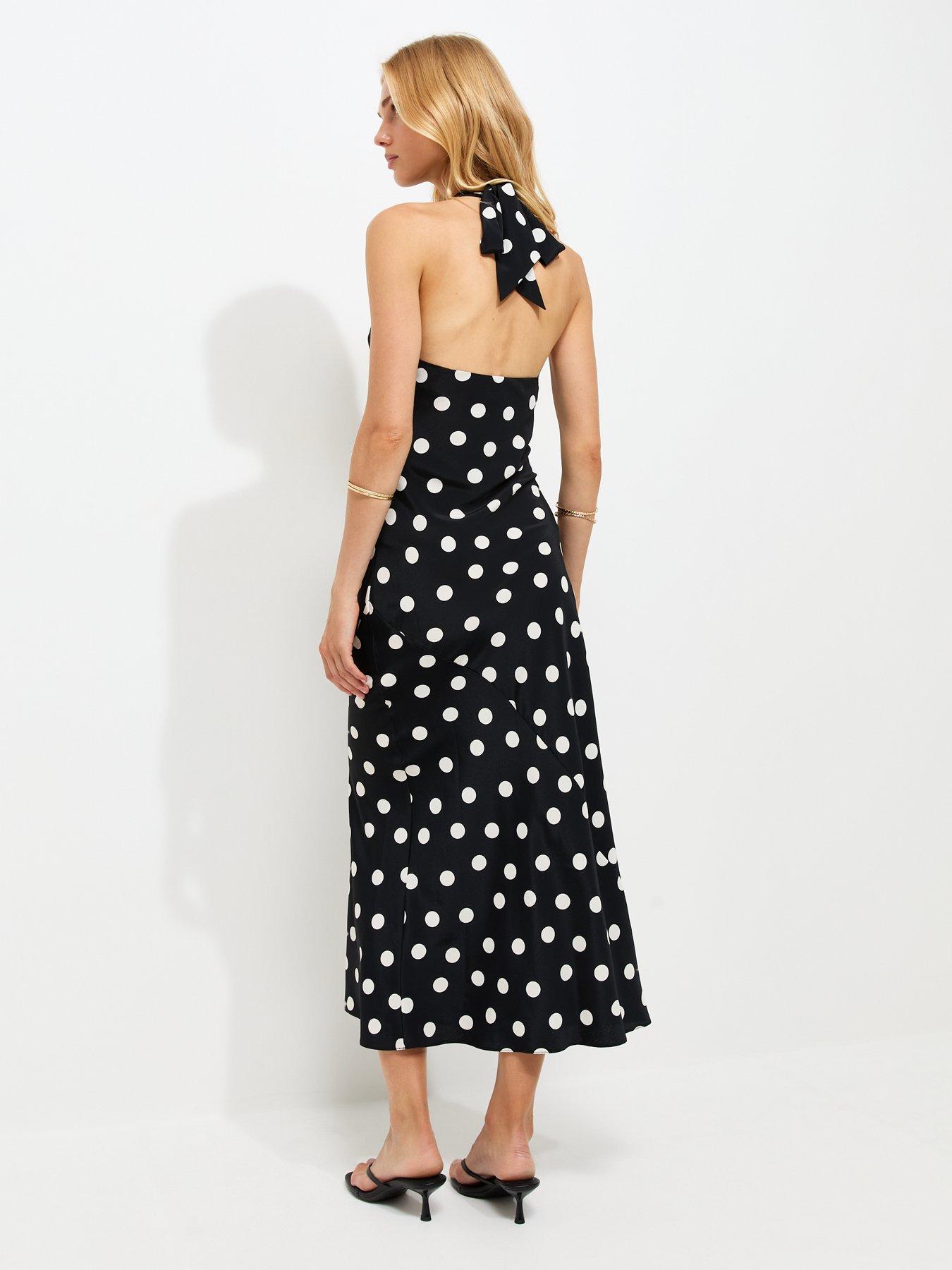 Image 2 of 5 of New Look Satin Polka Dot Cowl Halterneck Midi Dress - Black