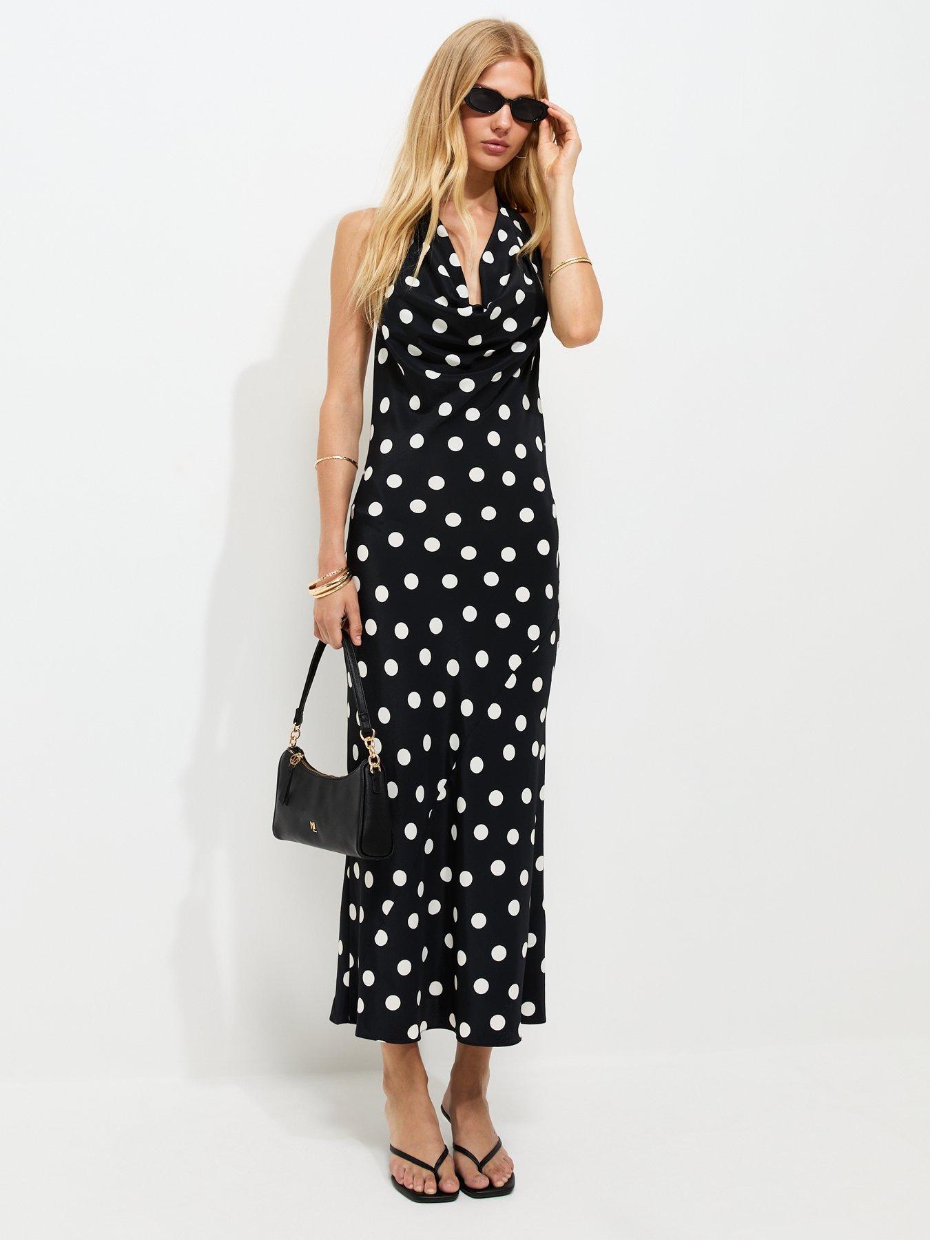 Image 3 of 5 of New Look Satin Polka Dot Cowl Halterneck Midi Dress - Black