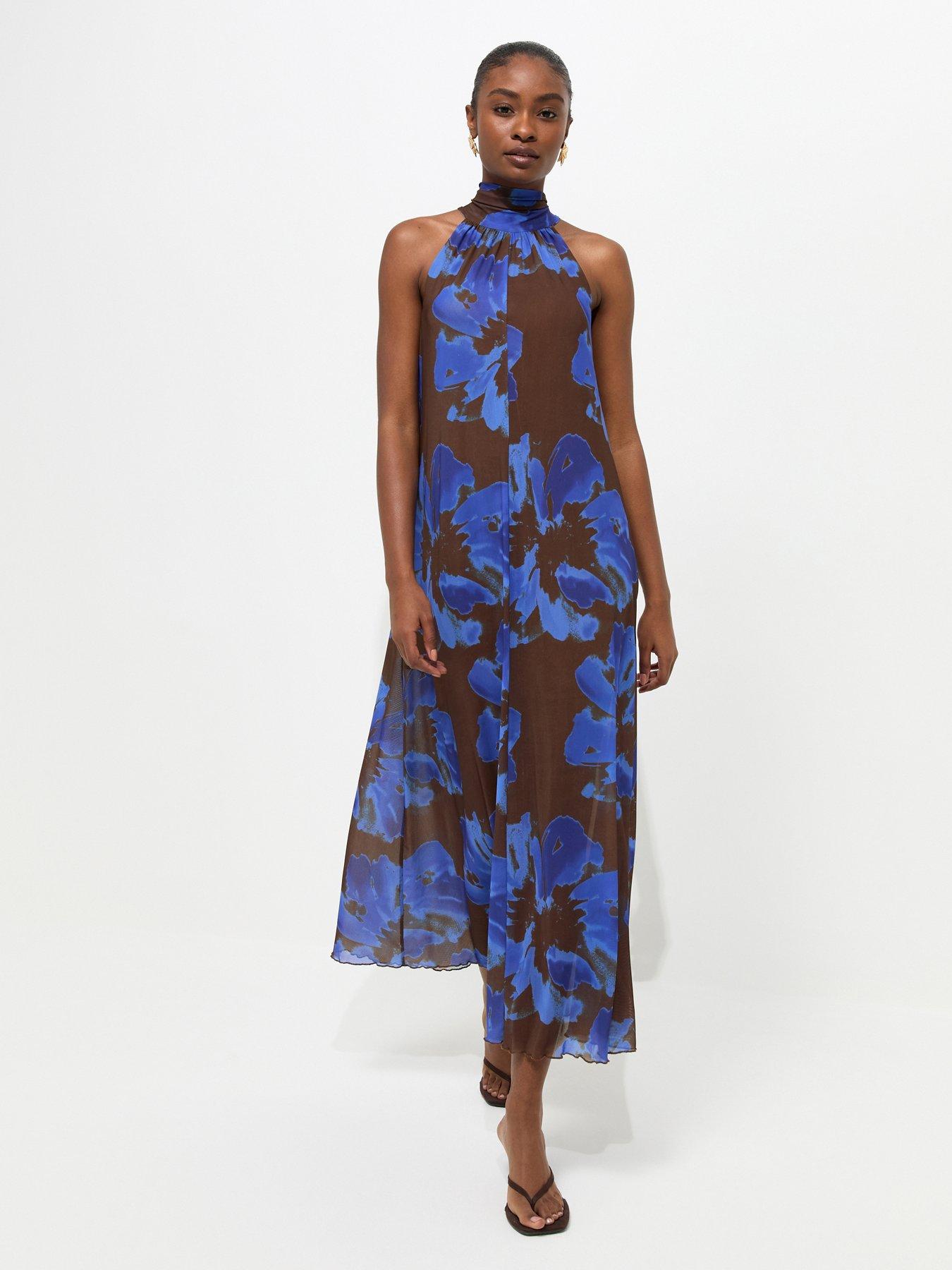 New Look Floral Halter Neck Mesh Midaxi Dress - Brown