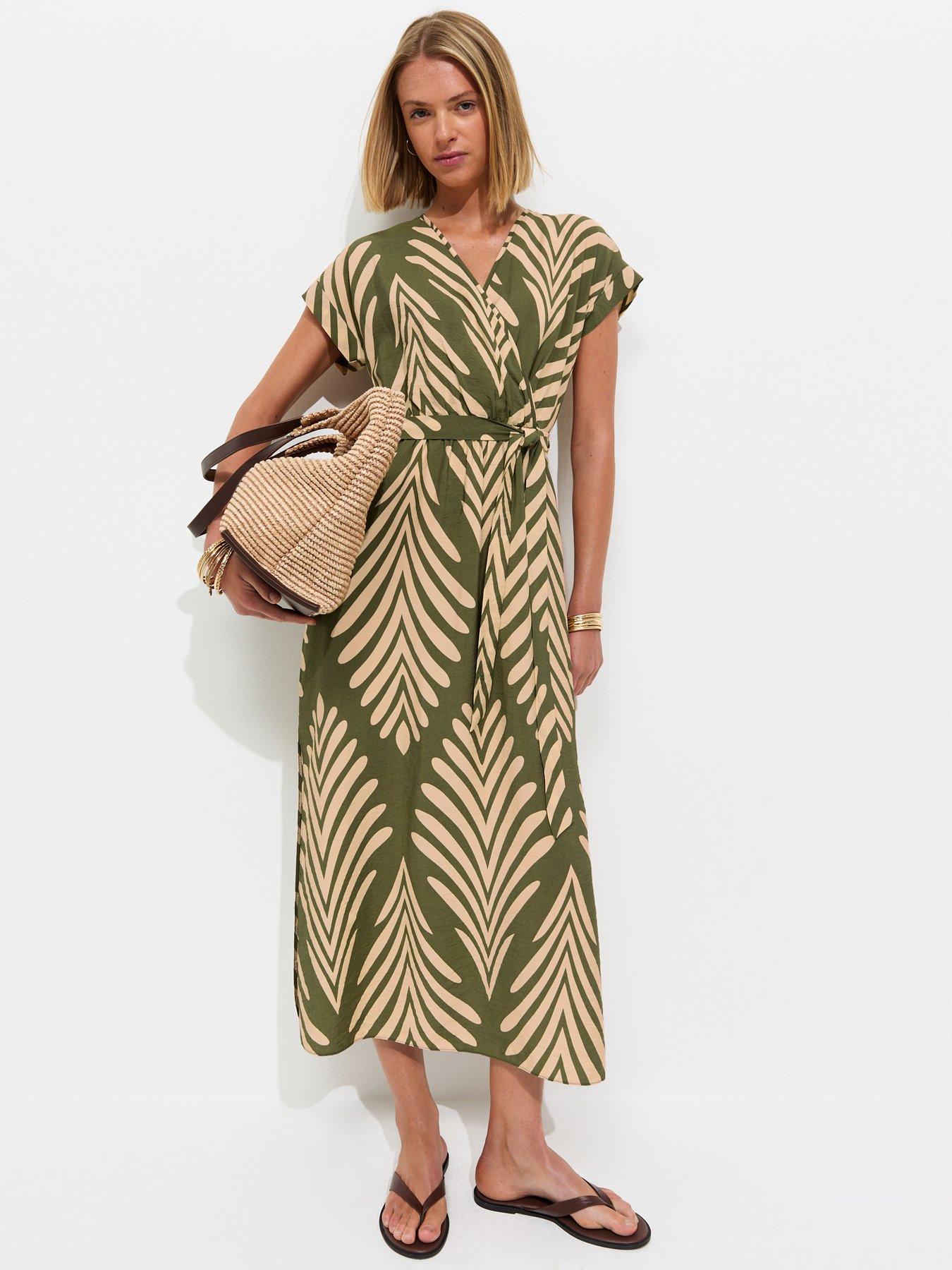 Image 1 of 5 of New Look Palm Pattern Wrap Midi Dress - Green