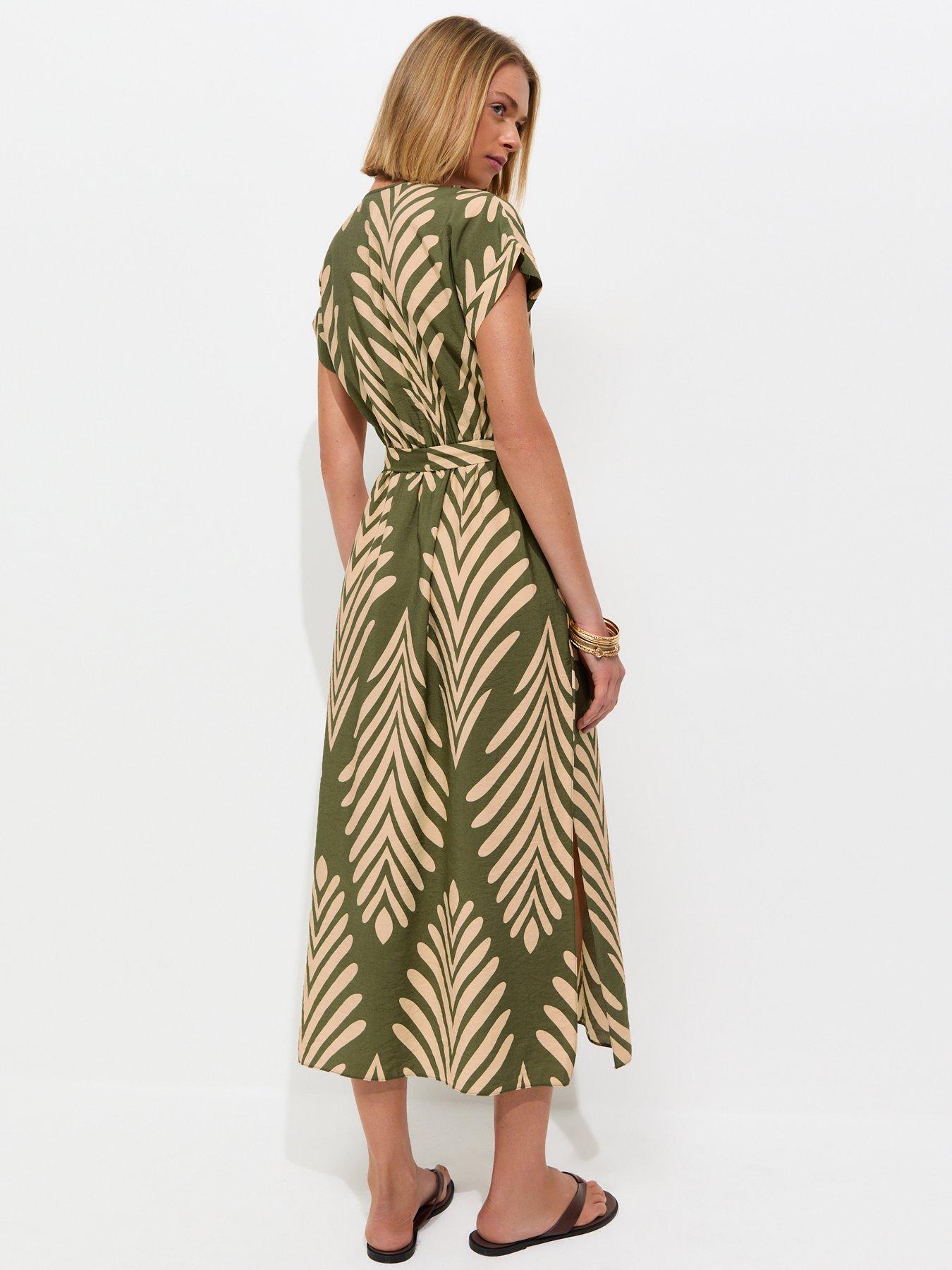 Image 2 of 5 of New Look Palm Pattern Wrap Midi Dress - Green