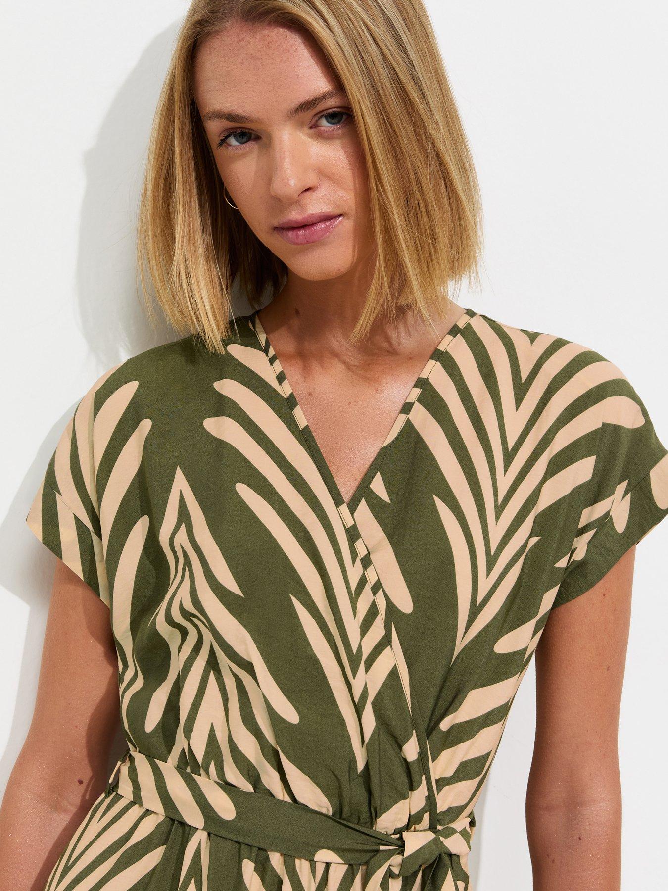 Image 4 of 5 of New Look Palm Pattern Wrap Midi Dress - Green