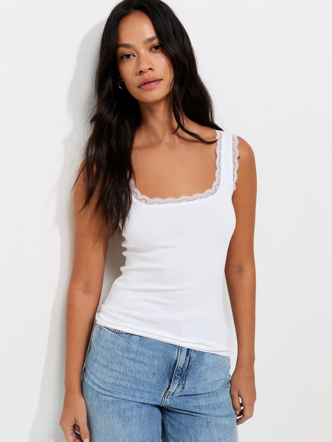 Image 1 of 5 of New Look Cotton Rich Lace Trim Square Neck Vest - White