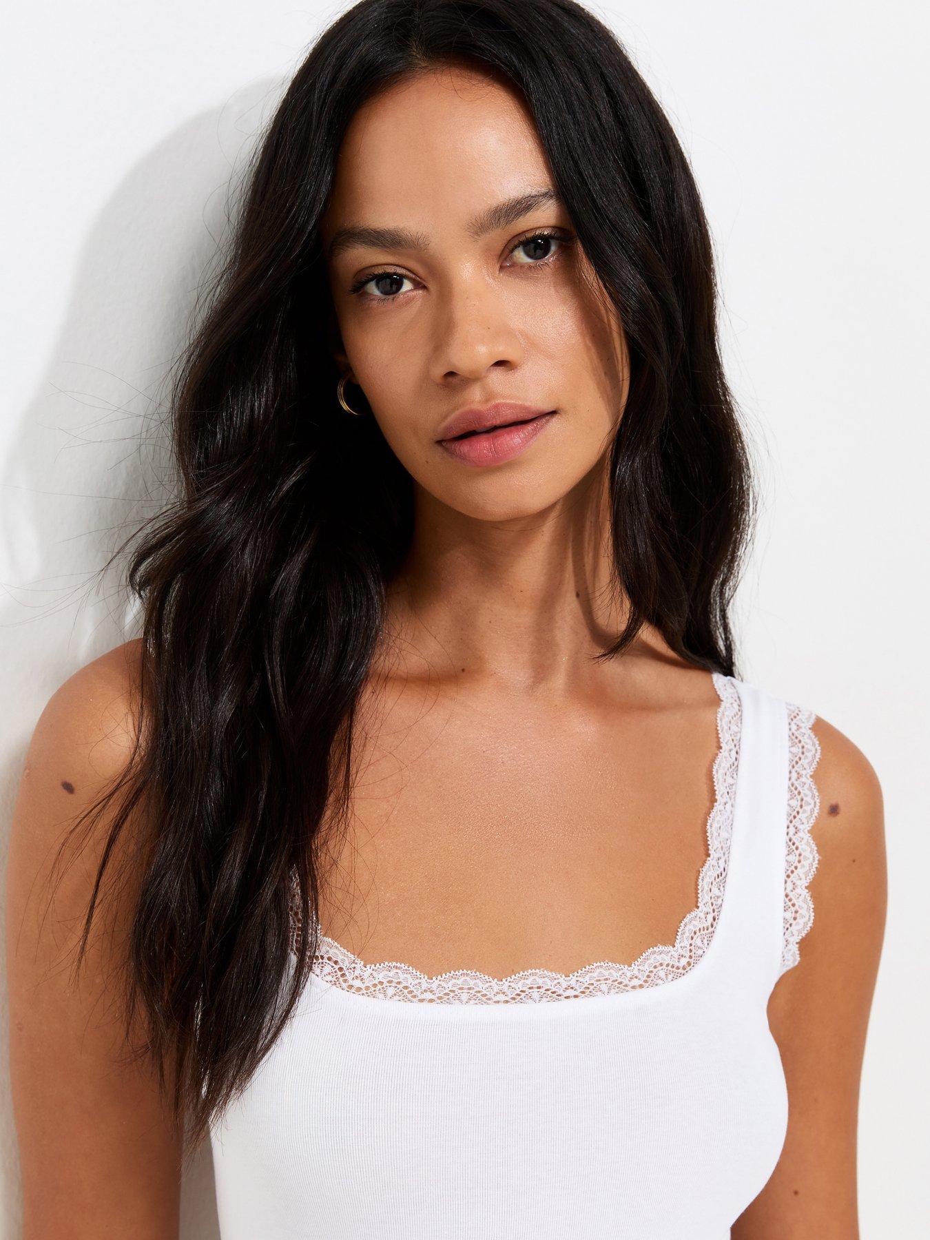 Image 4 of 5 of New Look Cotton Rich Lace Trim Square Neck Vest - White