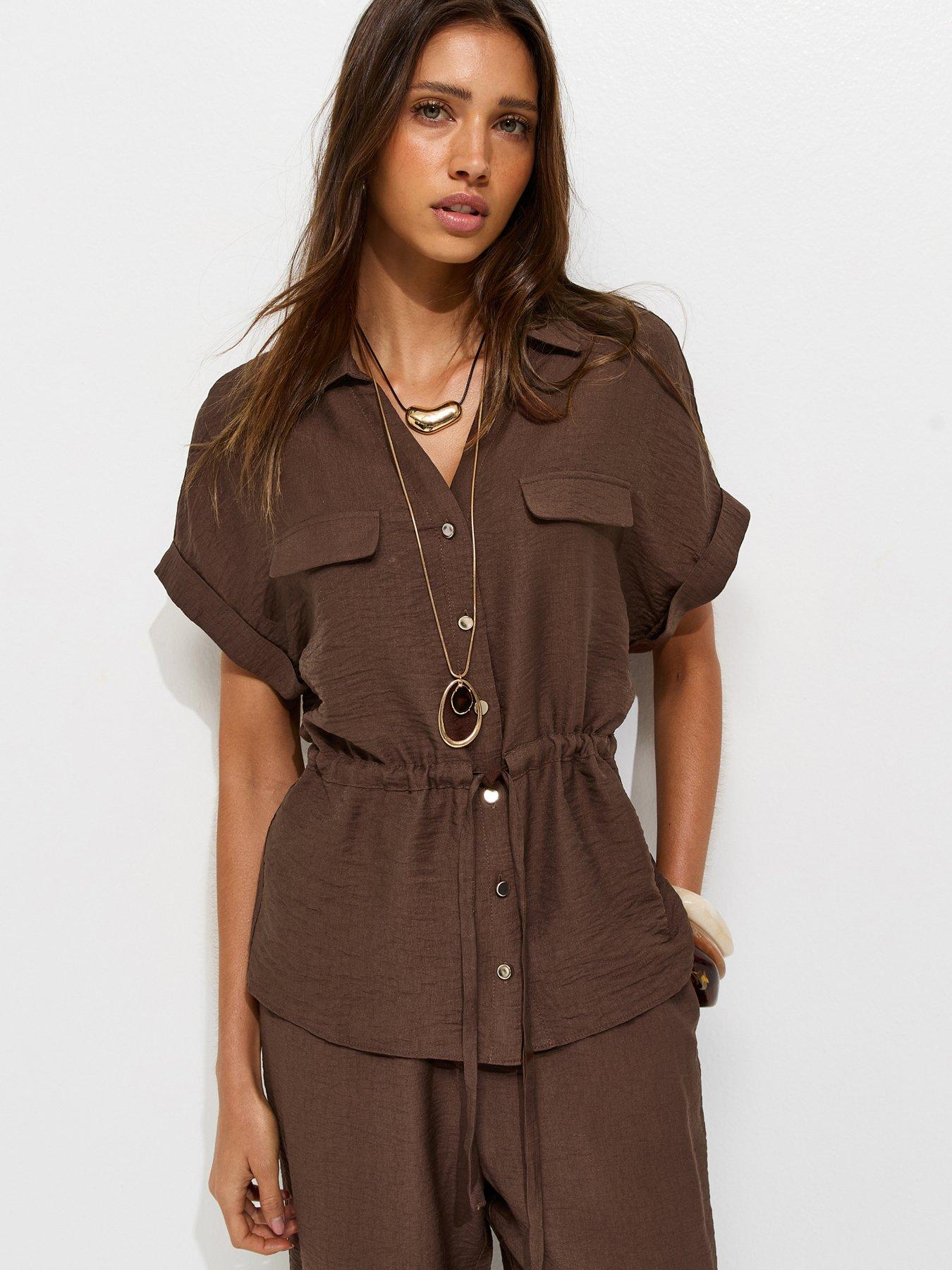Image 6 of 6 of New Look Utility Tie Front Co-ord Shirt - Brown