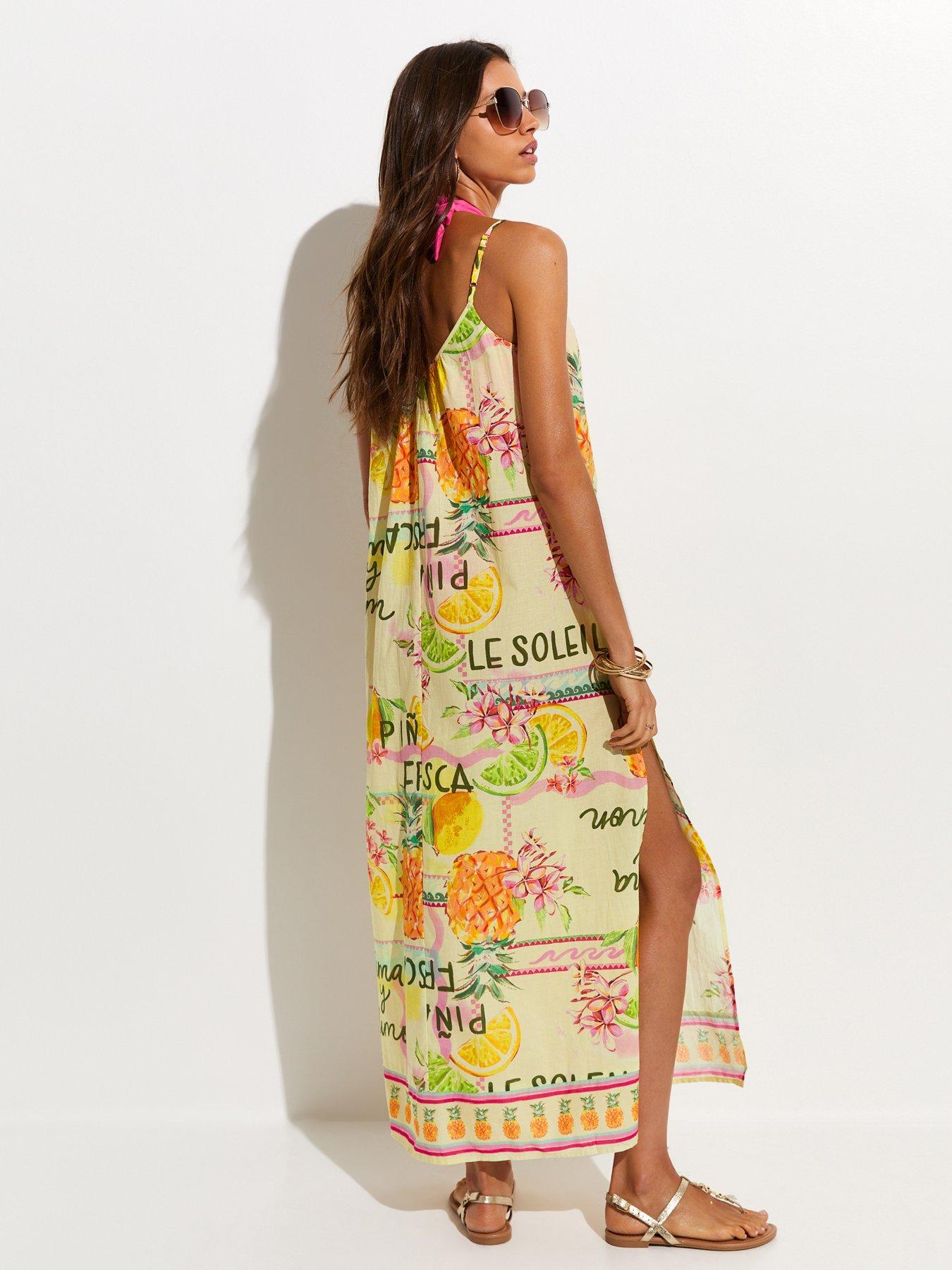 Image 2 of 5 of New Look Multicoloured Fruit Print Slit Hem Cotton Maxi Dress - Yellow
