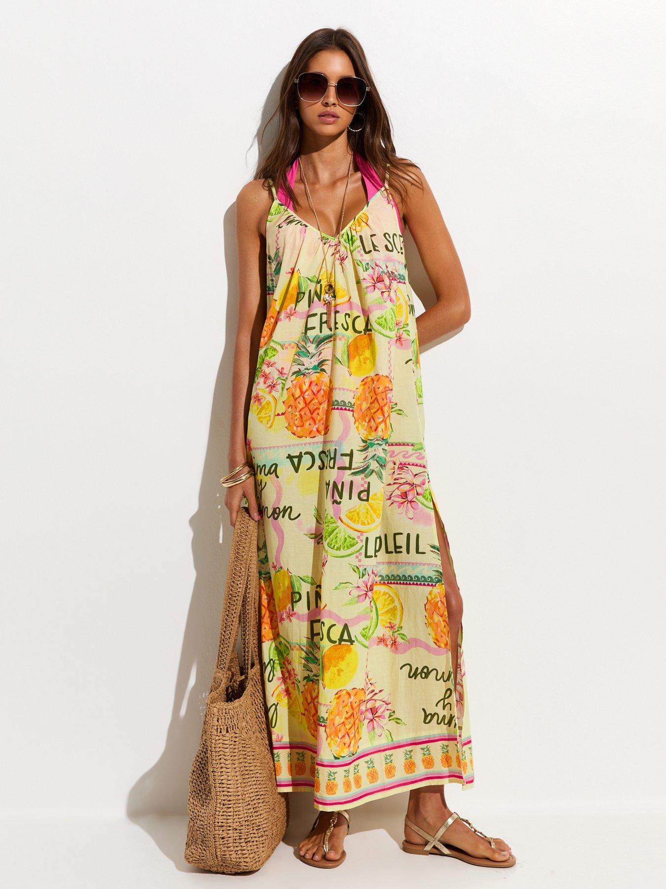 Image 3 of 5 of New Look Multicoloured Fruit Print Slit Hem Cotton Maxi Dress - Yellow