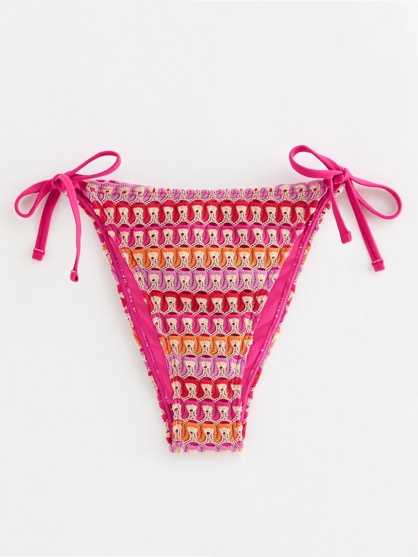 Image 6 of 6 of New Look Crochet Side Tie Co-ord Bikini Bottoms - Bright Pink