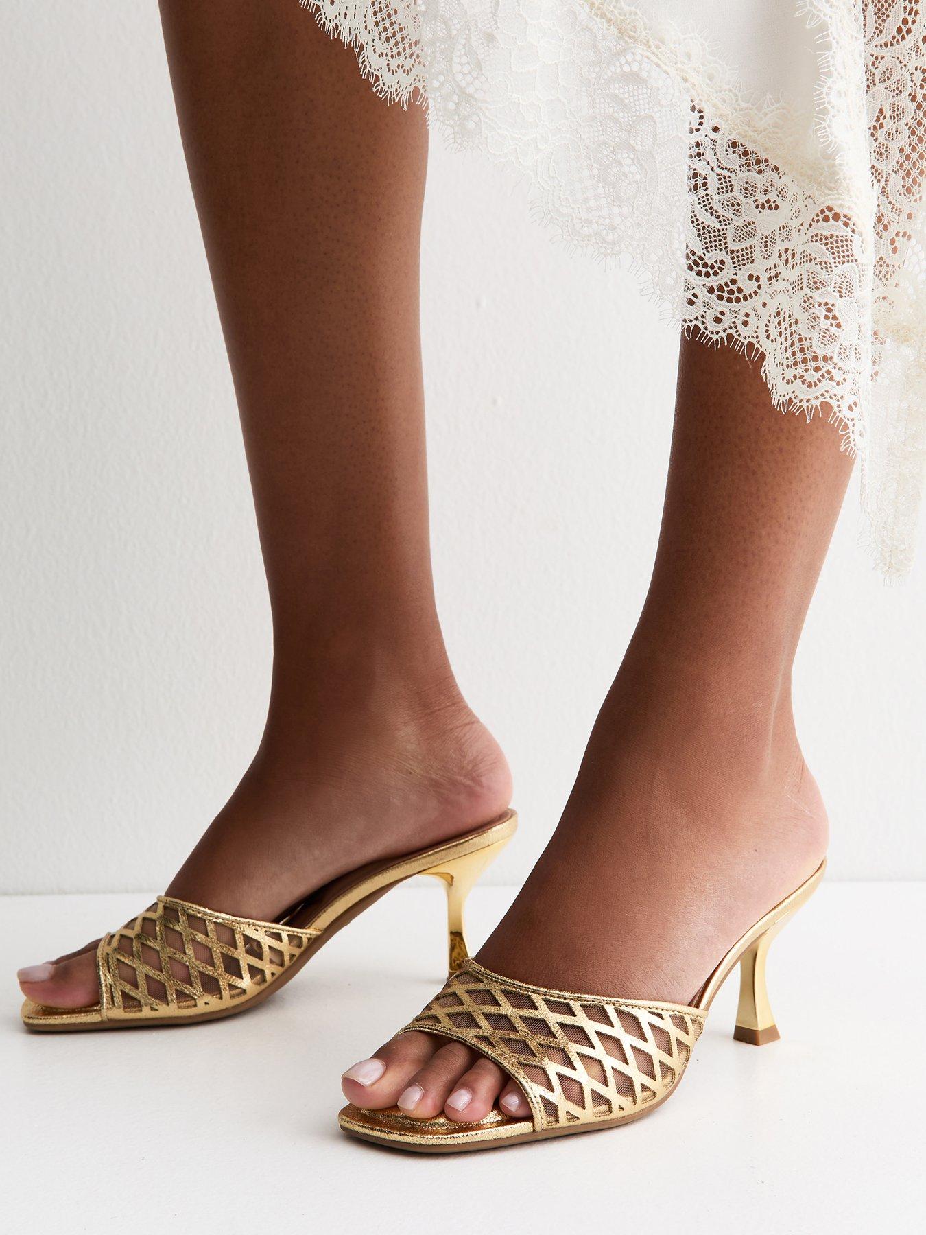 Image 1 of 4 of New Look Faux Leather Mesh Lattice Stiletto Mules - Gold