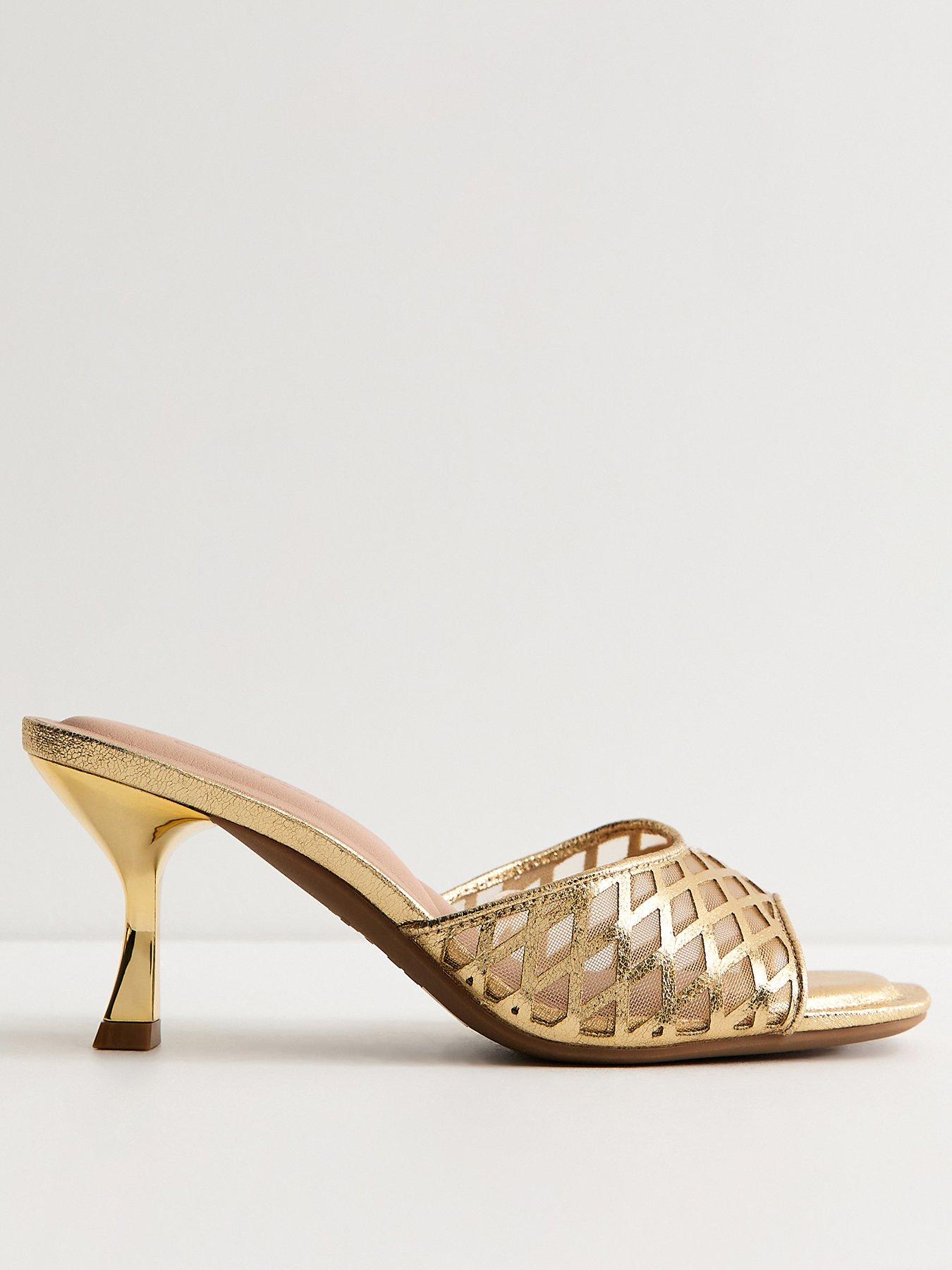 Image 2 of 4 of New Look Faux Leather Mesh Lattice Stiletto Mules - Gold