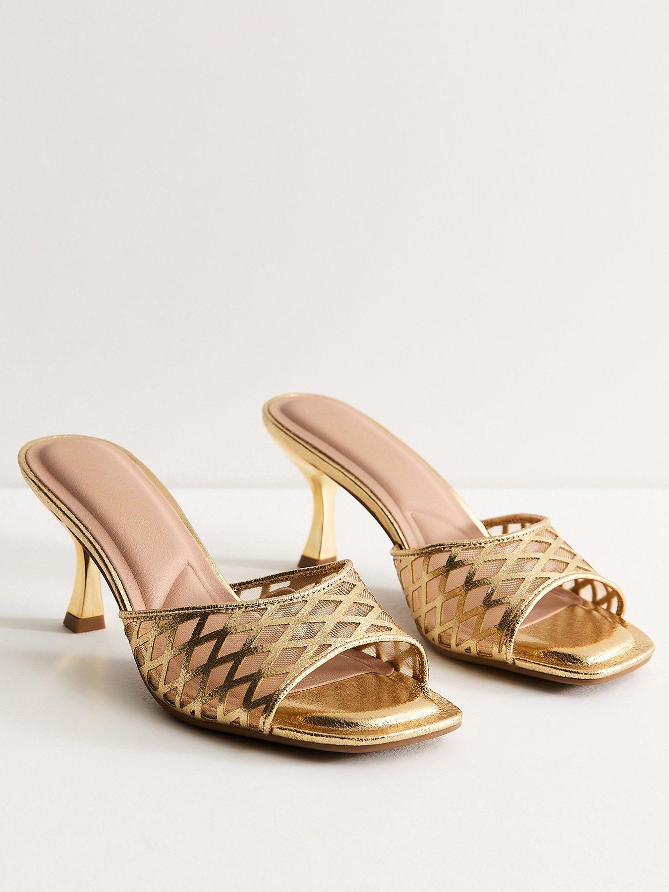 Image 3 of 4 of New Look Faux Leather Mesh Lattice Stiletto Mules - Gold