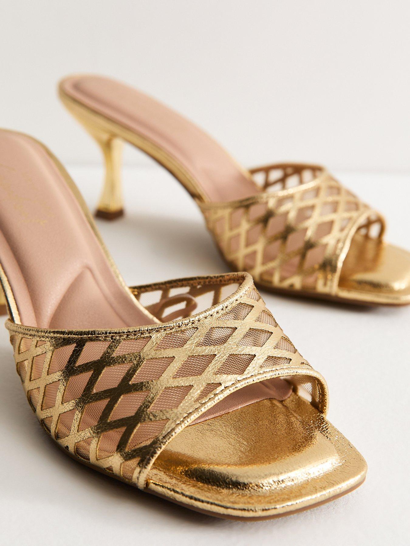 Image 4 of 4 of New Look Faux Leather Mesh Lattice Stiletto Mules - Gold