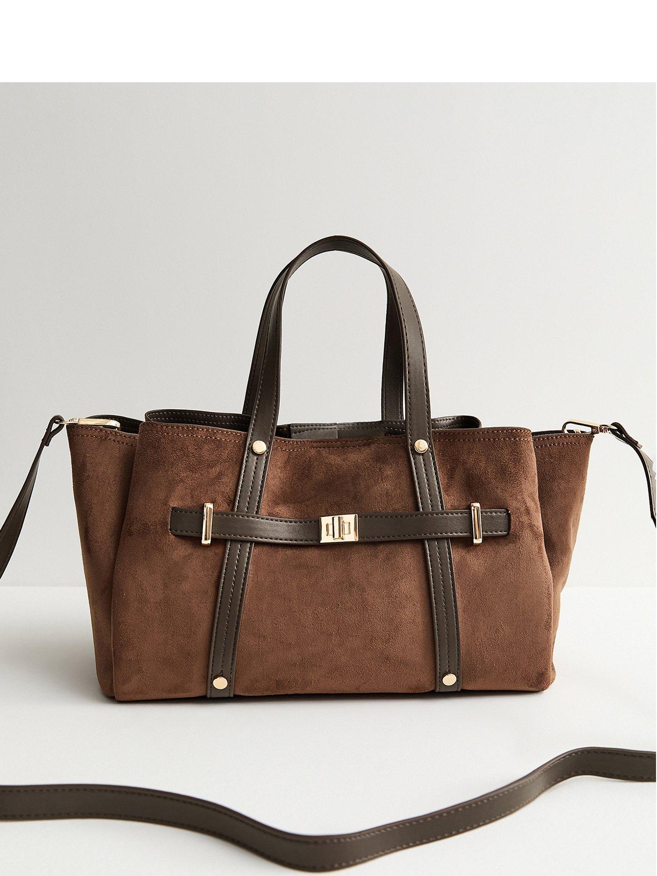 New Look Faux Suede Triple Compartment Tote Bag - Brown