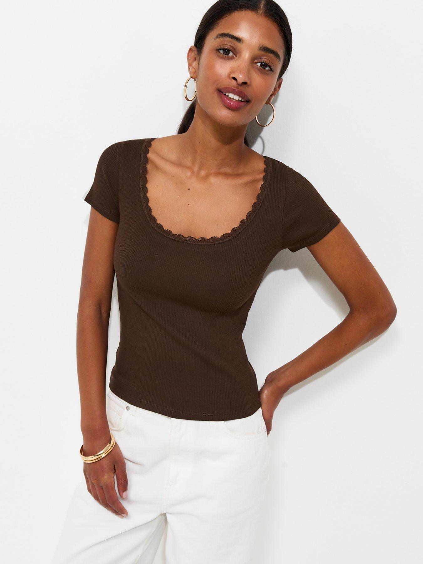 New Look Lace Trim Scoop Neck T-Shirt - Brown