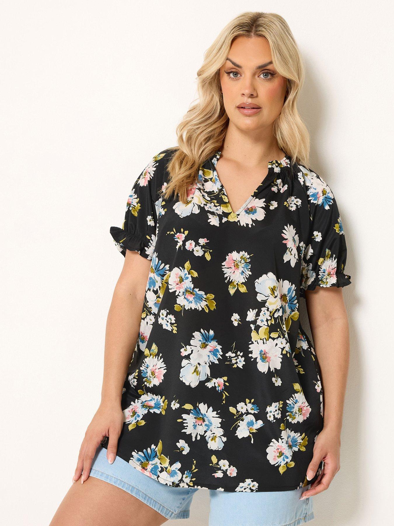 Yours Curve Floral Notch Neck Blouse - Black