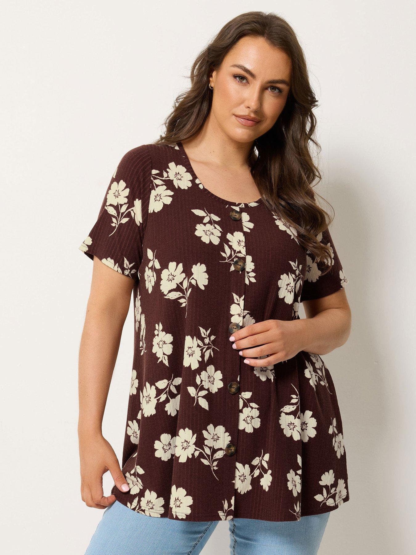 Yours Curve Printed Button Front Swing T-Shirt - Brown