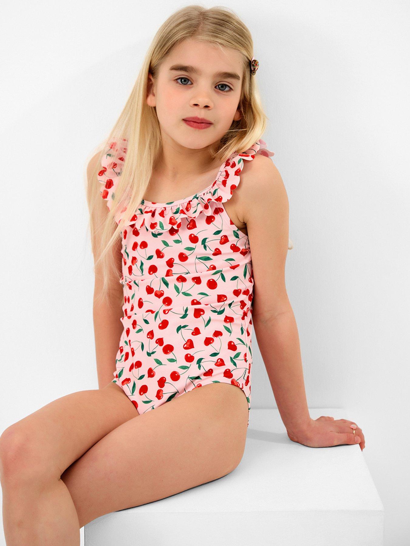 Image 1 of 4 of Accessorize Girls Cherry Frill Swimsuit - Pink