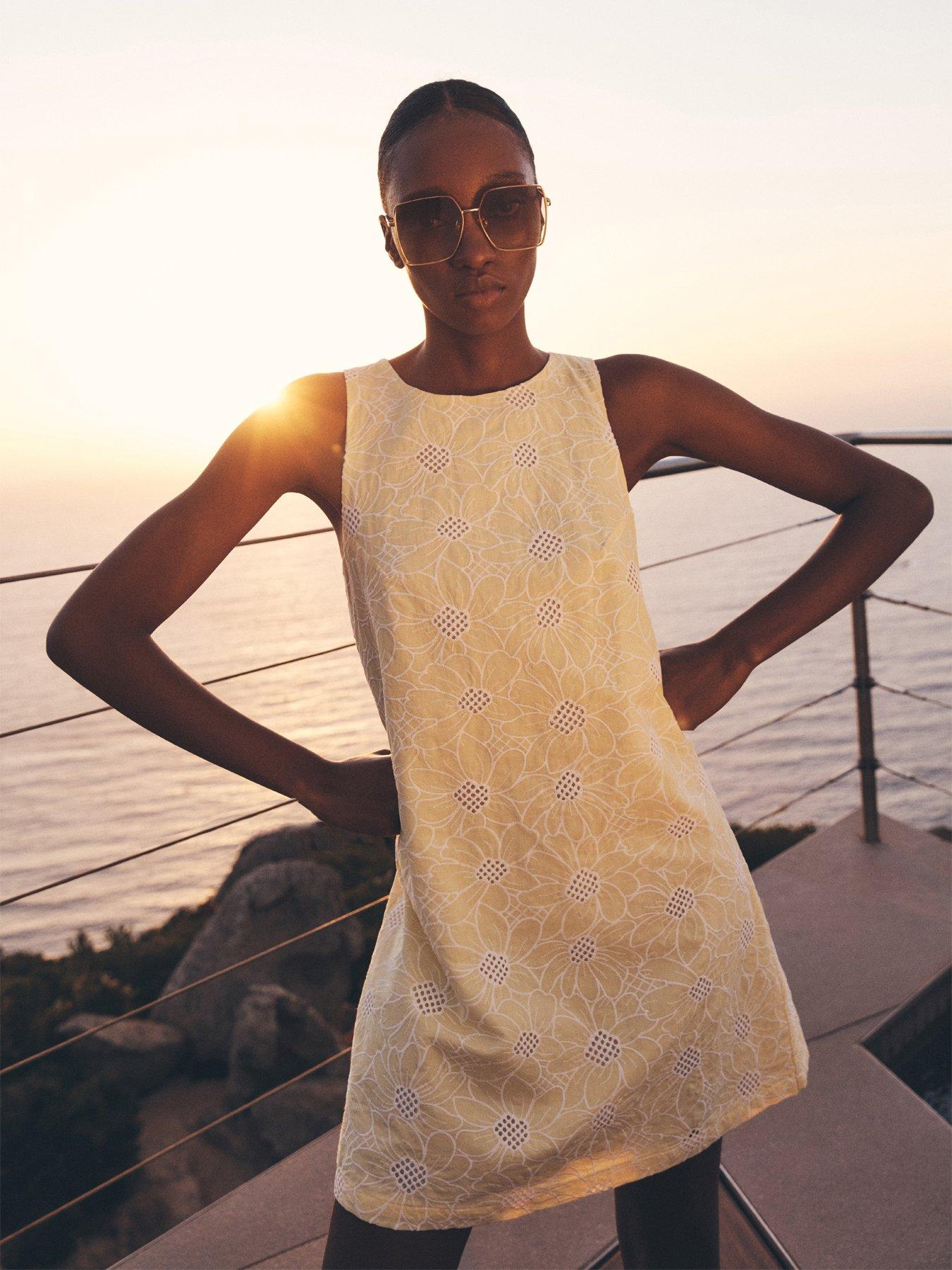 Apricot Sunflower Embroidered Dress - Yellow