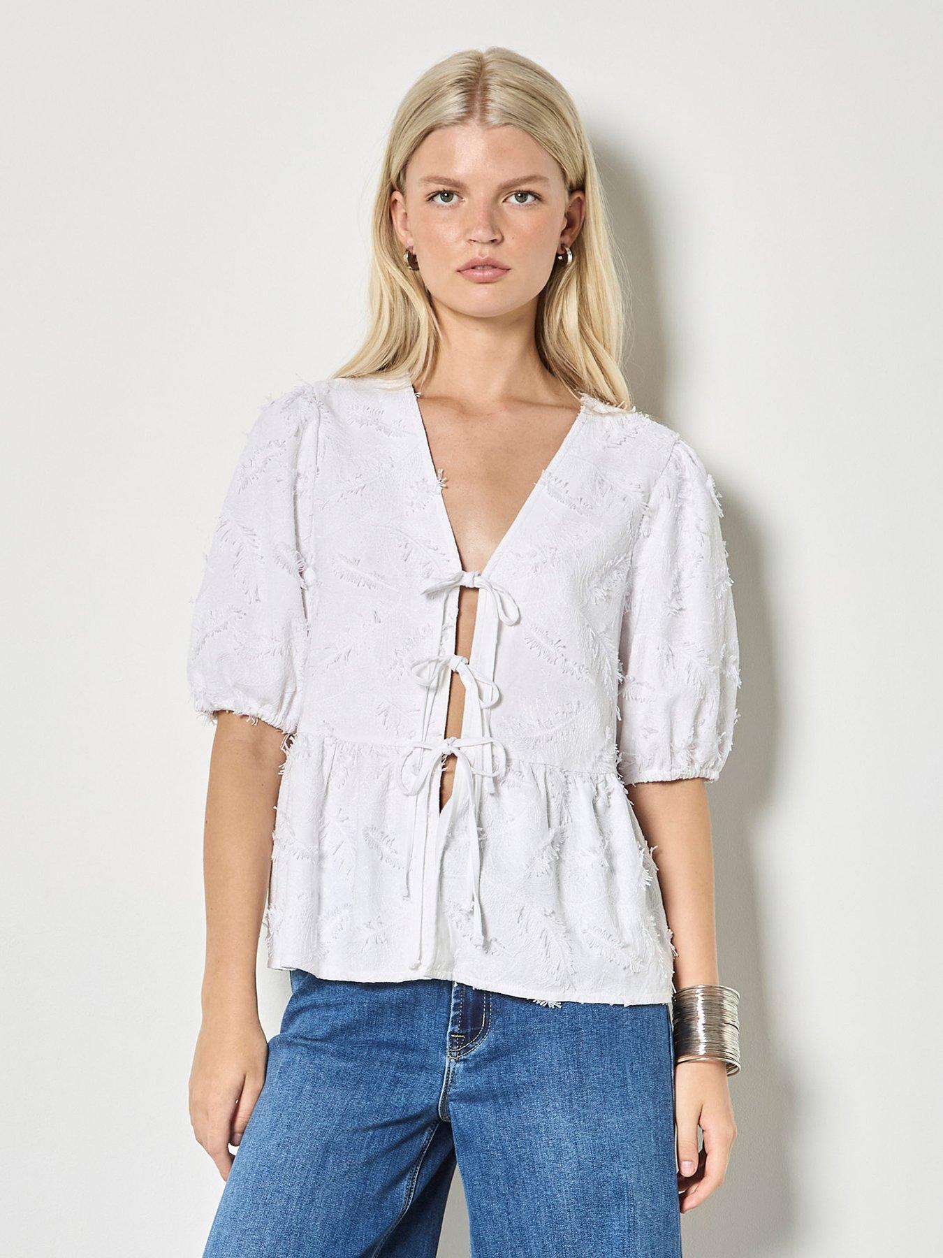 Apricot 3D Embroidered Peplum Linen Top - White