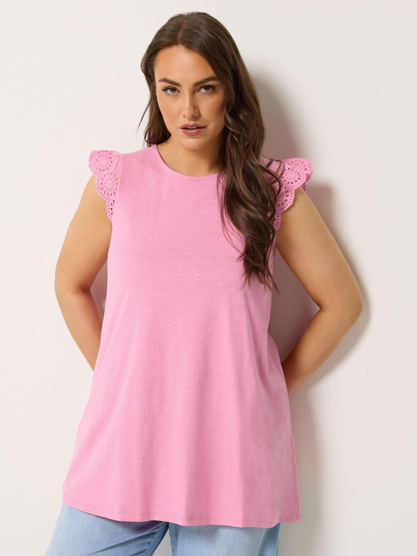 Image 1 of 4 of Yours Curve Broderie Frill Sleeve Vest - Pink
