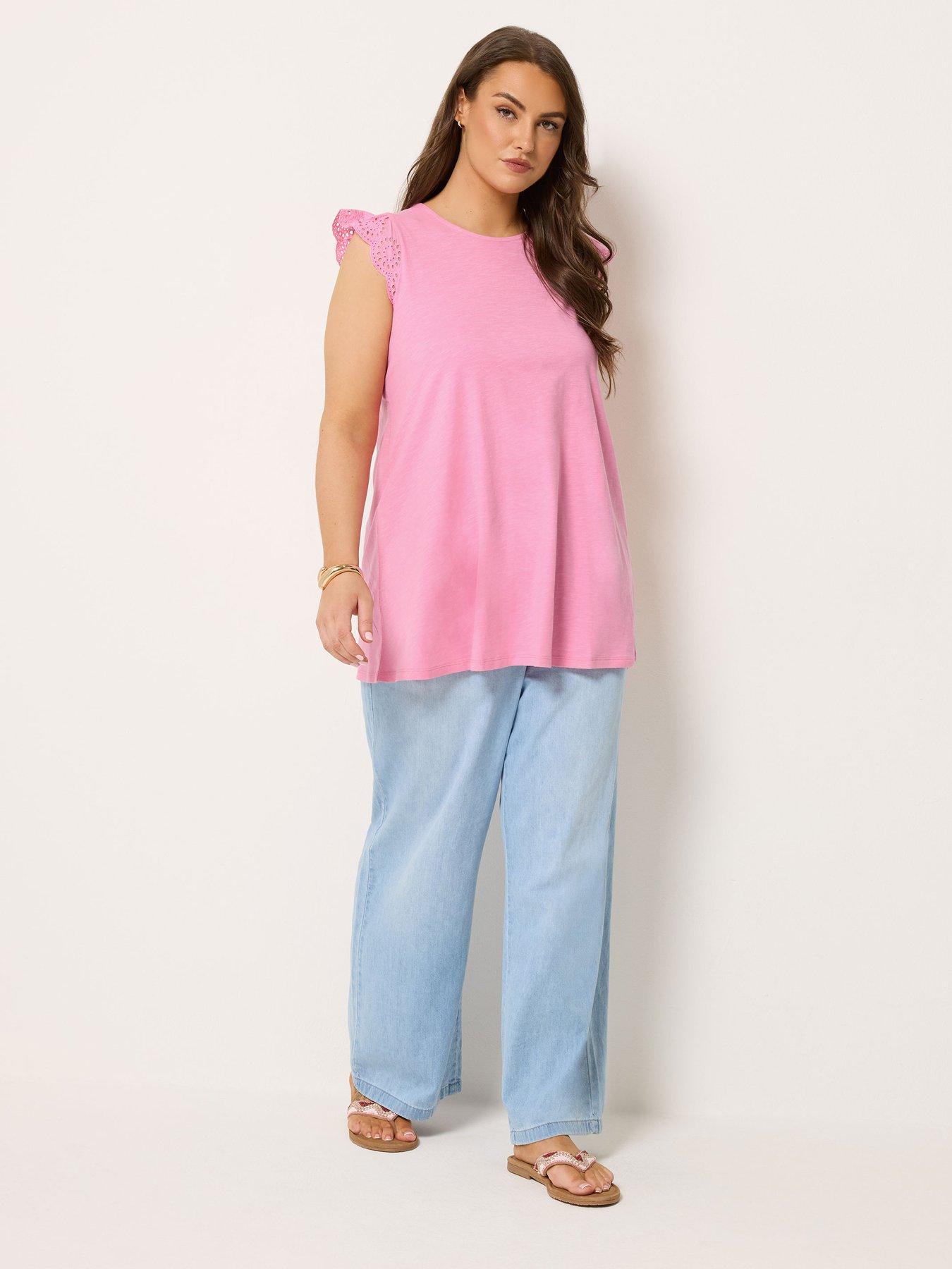 Image 3 of 4 of Yours Curve Broderie Frill Sleeve Vest - Pink