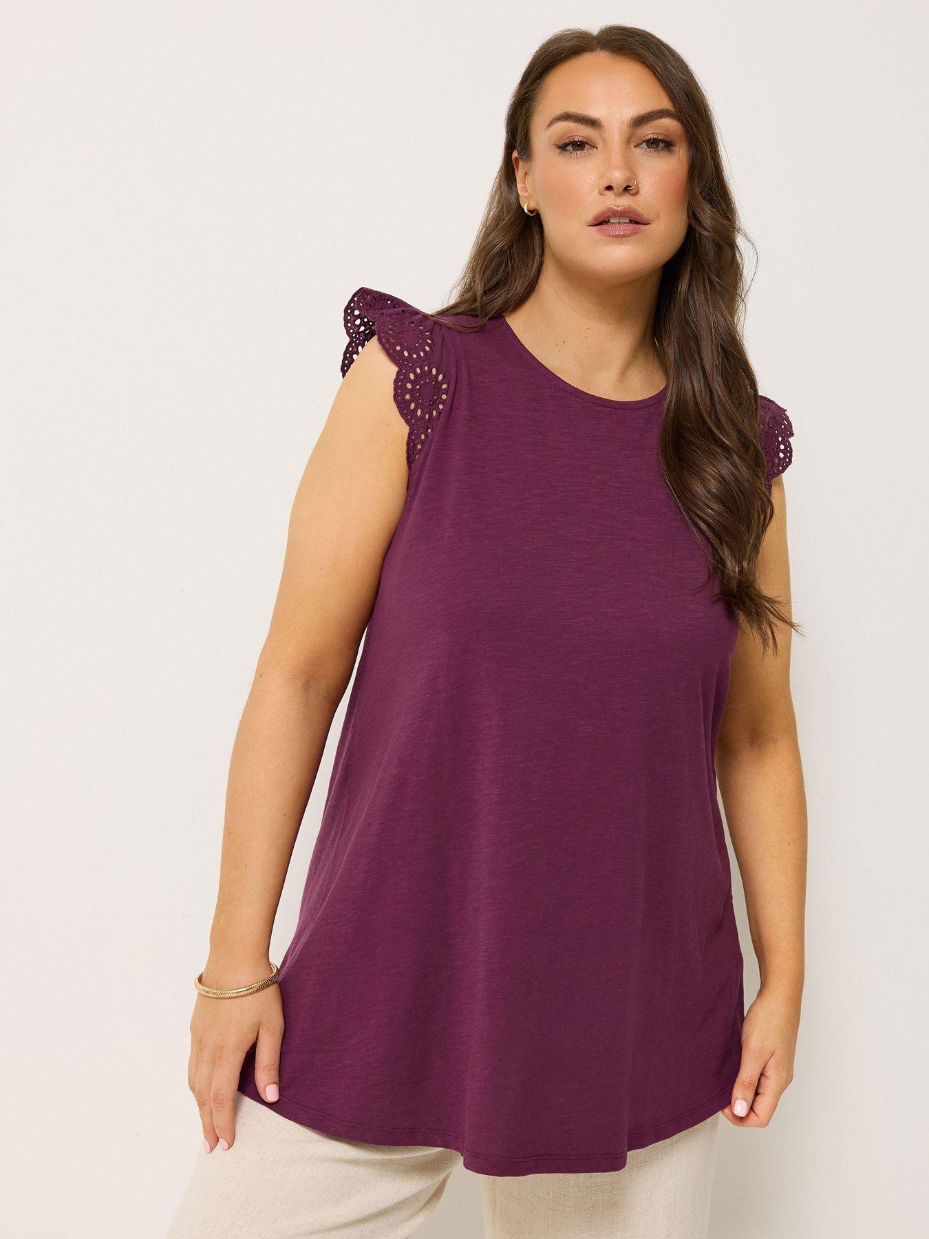 Image 1 of 4 of Yours Curve Broderie Frill Sleeve Vest - Purple