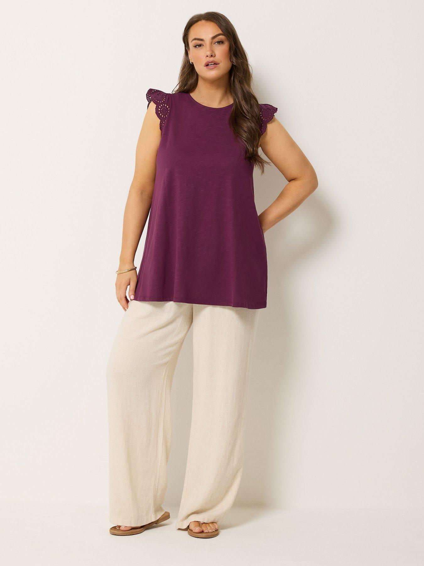 Image 3 of 4 of Yours Curve Broderie Frill Sleeve Vest - Purple