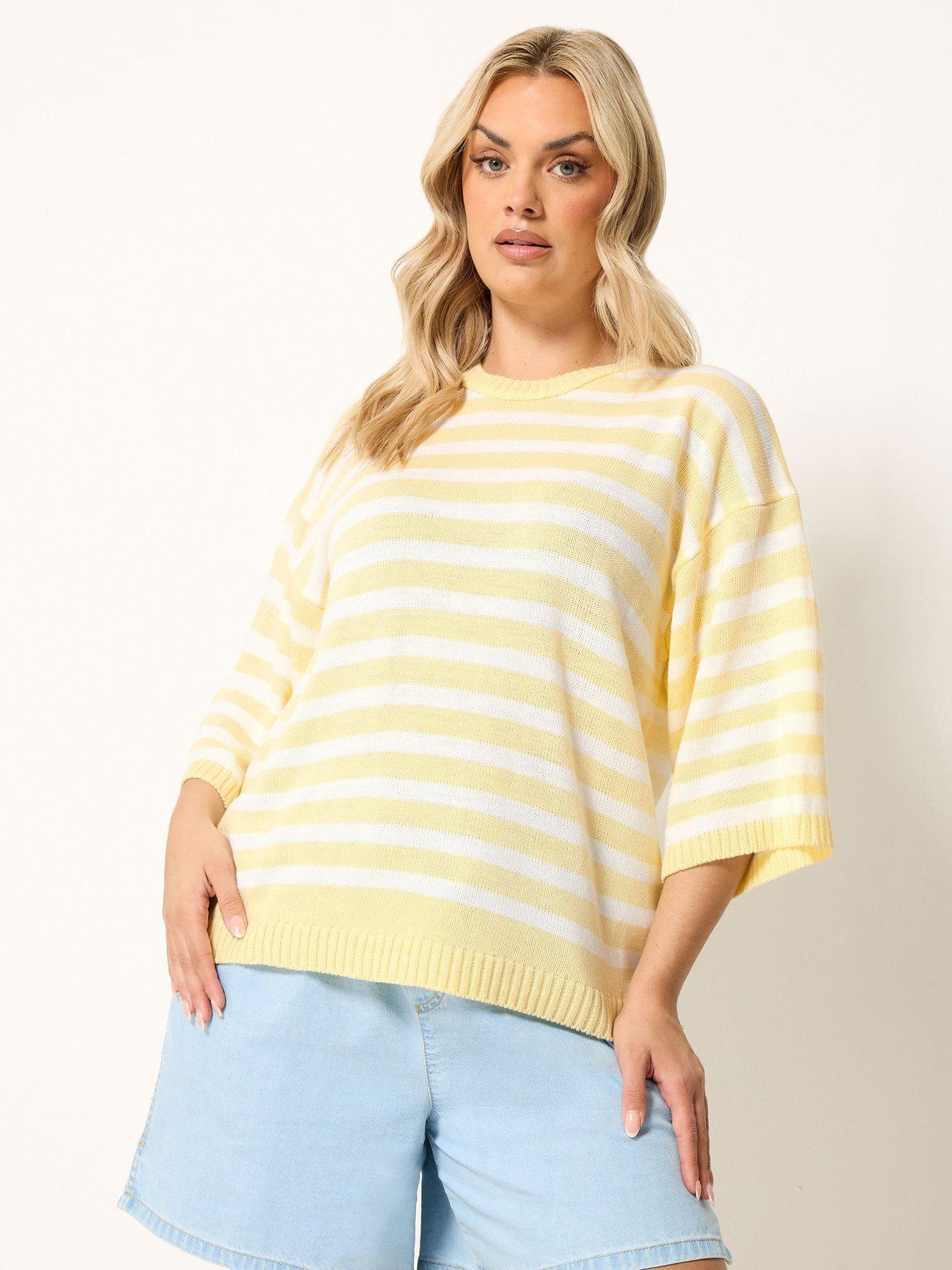 Yours Curve Stripe Short Sleeve Knitted Crew - Yellow
