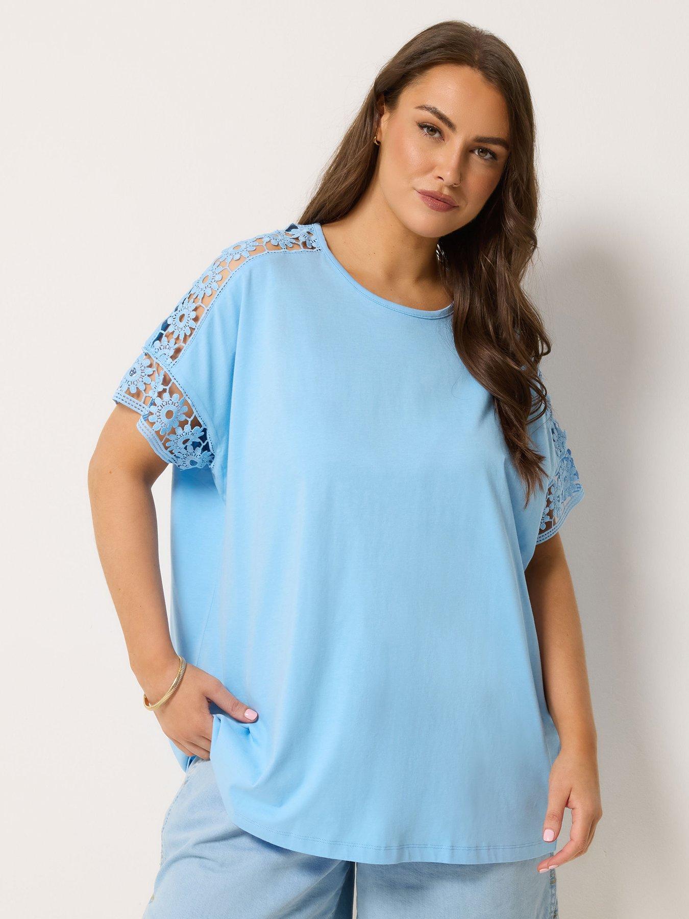 Yours Curve Boxy Crochet T-Shirt - Blue
