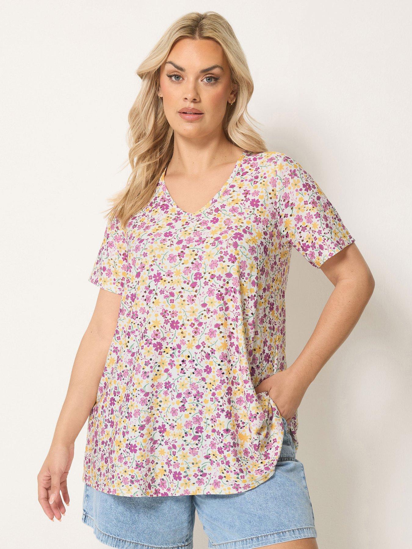 Image 1 of 4 of Yours Curve Printed Broderie V Neck T-Shirt - Purple