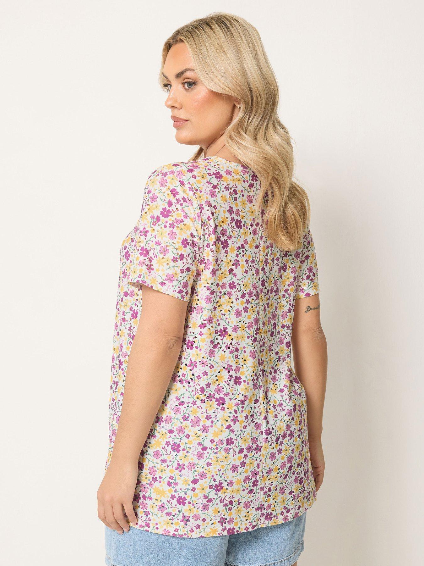 Image 2 of 4 of Yours Curve Printed Broderie V Neck T-Shirt - Purple