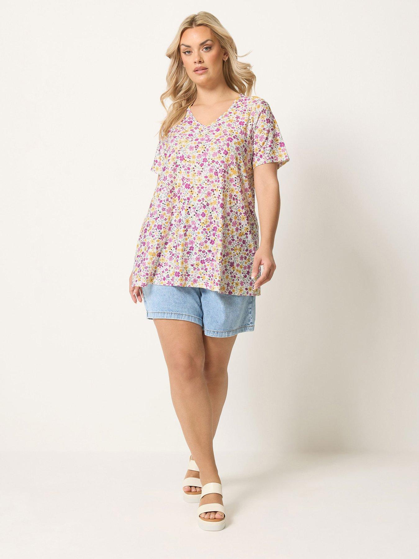 Image 3 of 4 of Yours Curve Printed Broderie V Neck T-Shirt - Purple