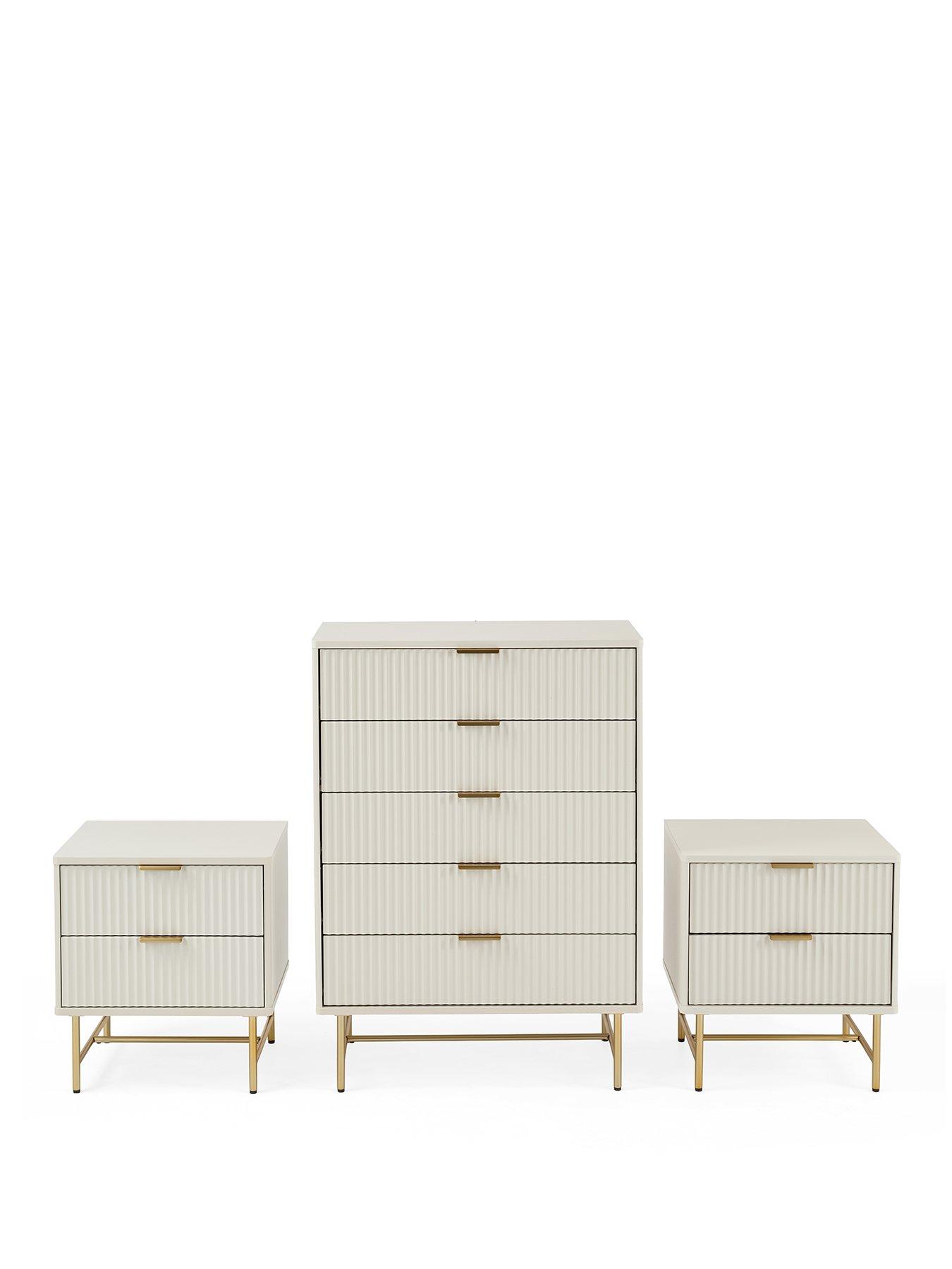 Image 2 of 7 of The Very Collection Cora 3 Piece Package - 5 Drawer Chest and Pair of 2 Drawer Bedside Chests - Ivory/Brass