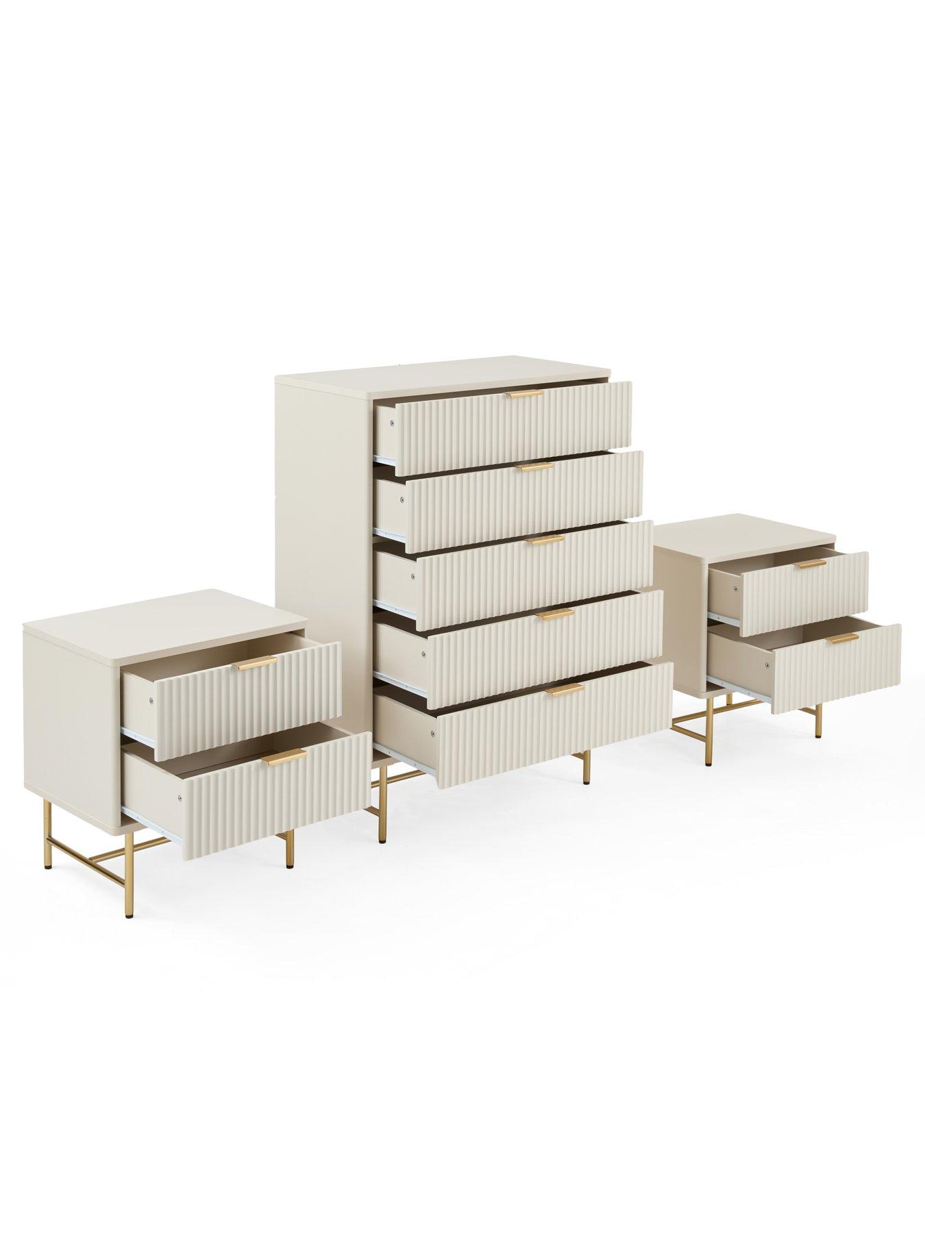 Image 3 of 7 of The Very Collection Cora 3 Piece Package - 5 Drawer Chest and Pair of 2 Drawer Bedside Chests - Ivory/Brass