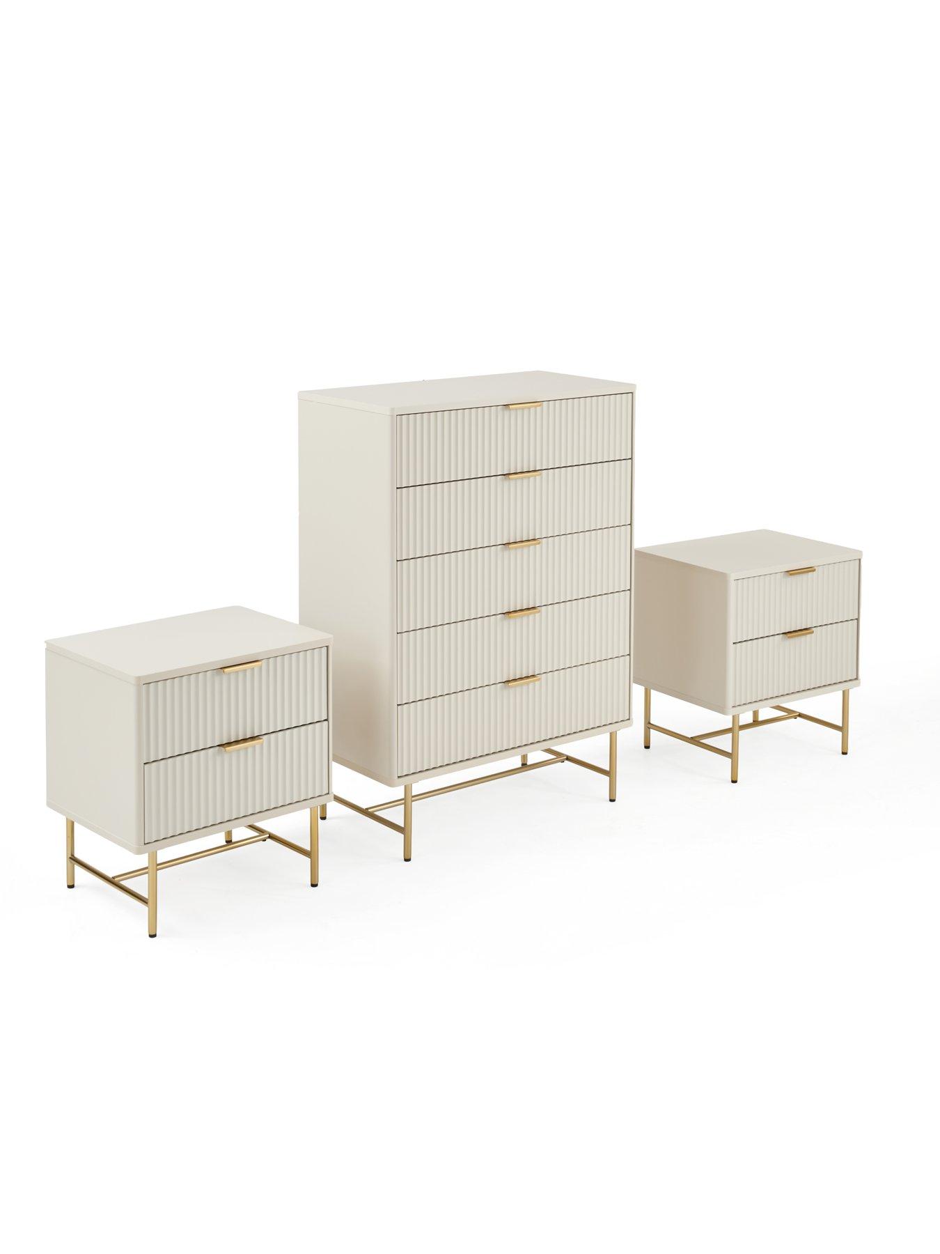 Image 4 of 7 of The Very Collection Cora 3 Piece Package - 5 Drawer Chest and Pair of 2 Drawer Bedside Chests - Ivory/Brass