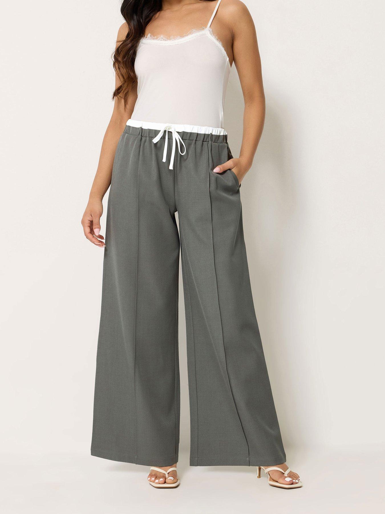 PixieGirl Petite Contrast Waist Pintuck Wide Leg Trousers - Grey