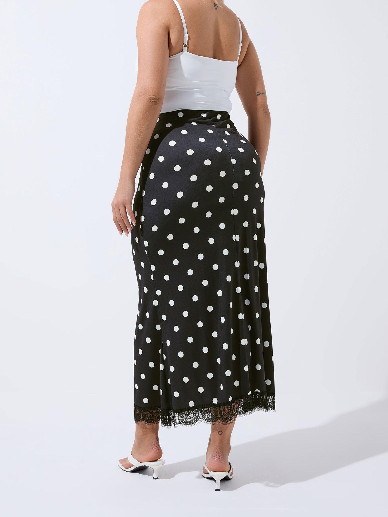 Image 2 of 4 of Yours Curve Polka Dot Lace Hem Maxi Skirt - Black