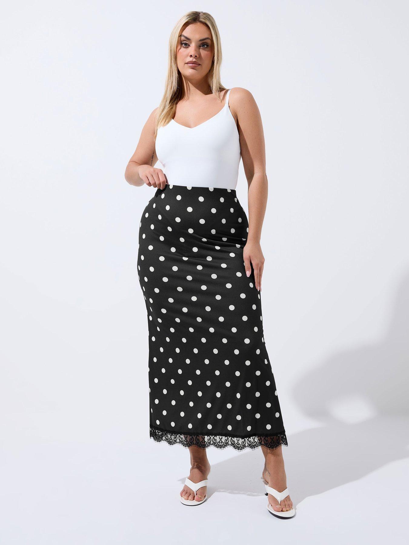 Image 3 of 4 of Yours Curve Polka Dot Lace Hem Maxi Skirt - Black