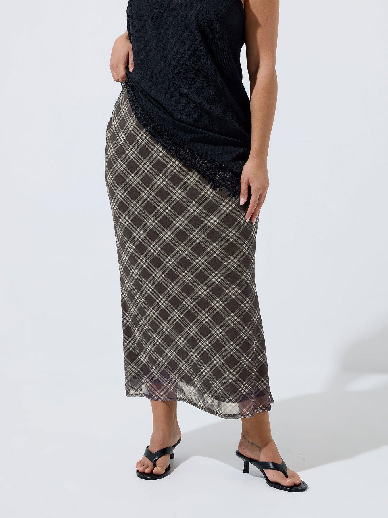 Yours Curve Check Print Mesh Fishtail Skirt - Brown