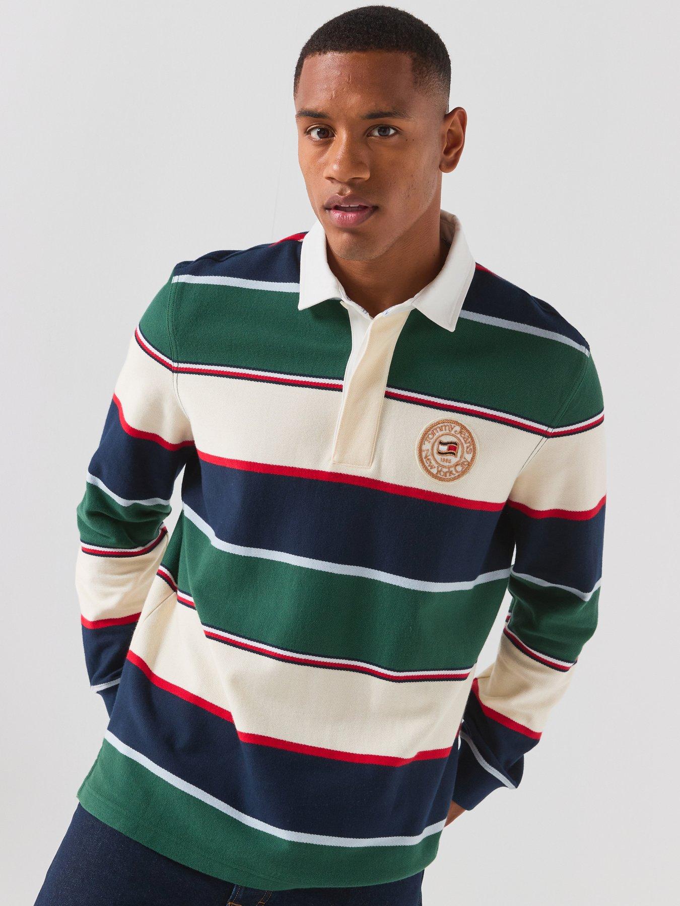 Image 1 of 6 of Tommy Jeans Mens Relaxed Varsity Stripe Long Sleeve Polo Shirt - Green