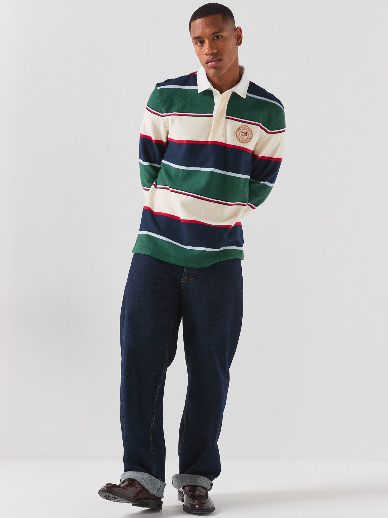 Image 3 of 6 of Tommy Jeans Mens Relaxed Varsity Stripe Long Sleeve Polo Shirt - Green