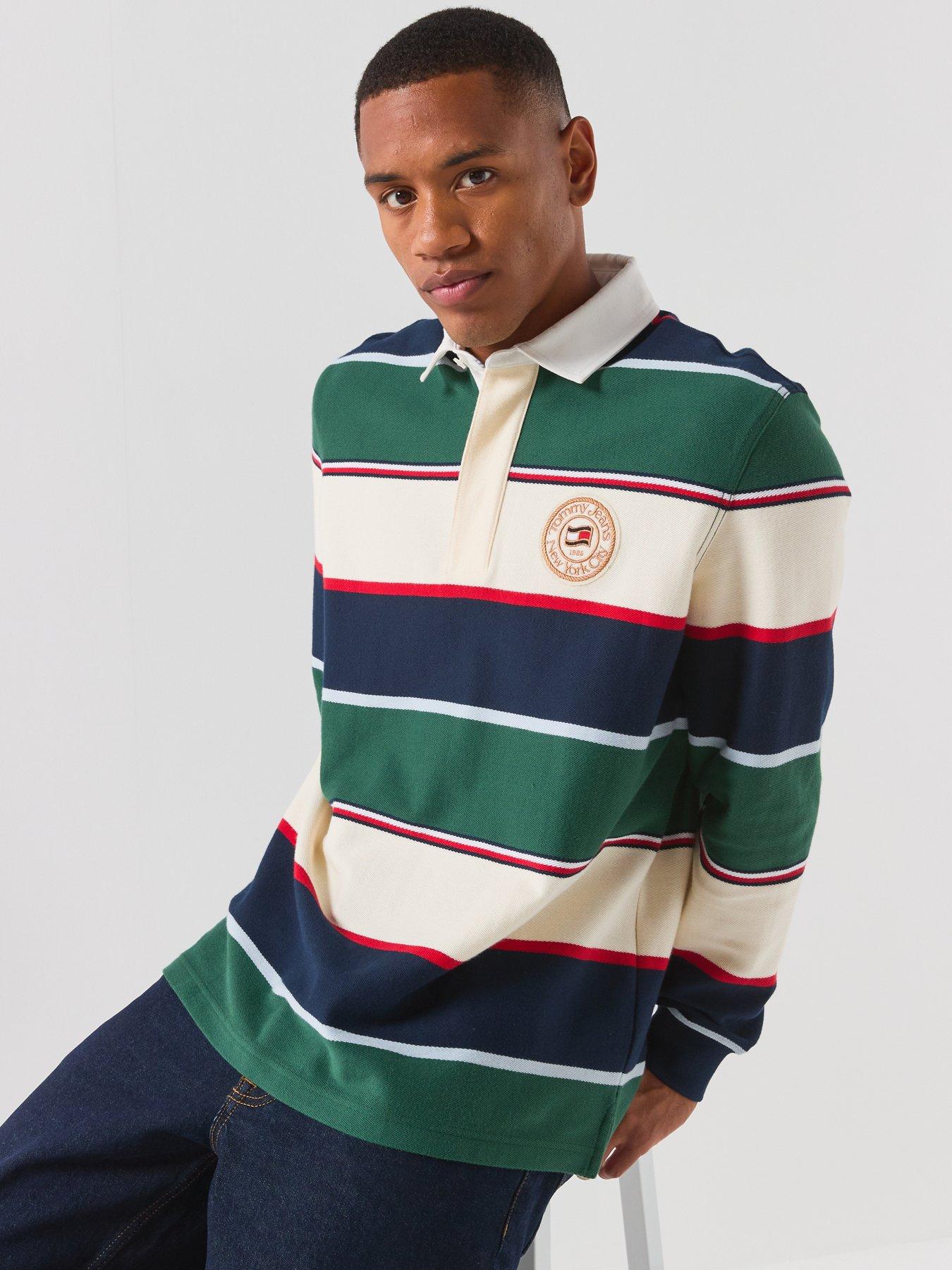 Image 4 of 6 of Tommy Jeans Mens Relaxed Varsity Stripe Long Sleeve Polo Shirt - Green