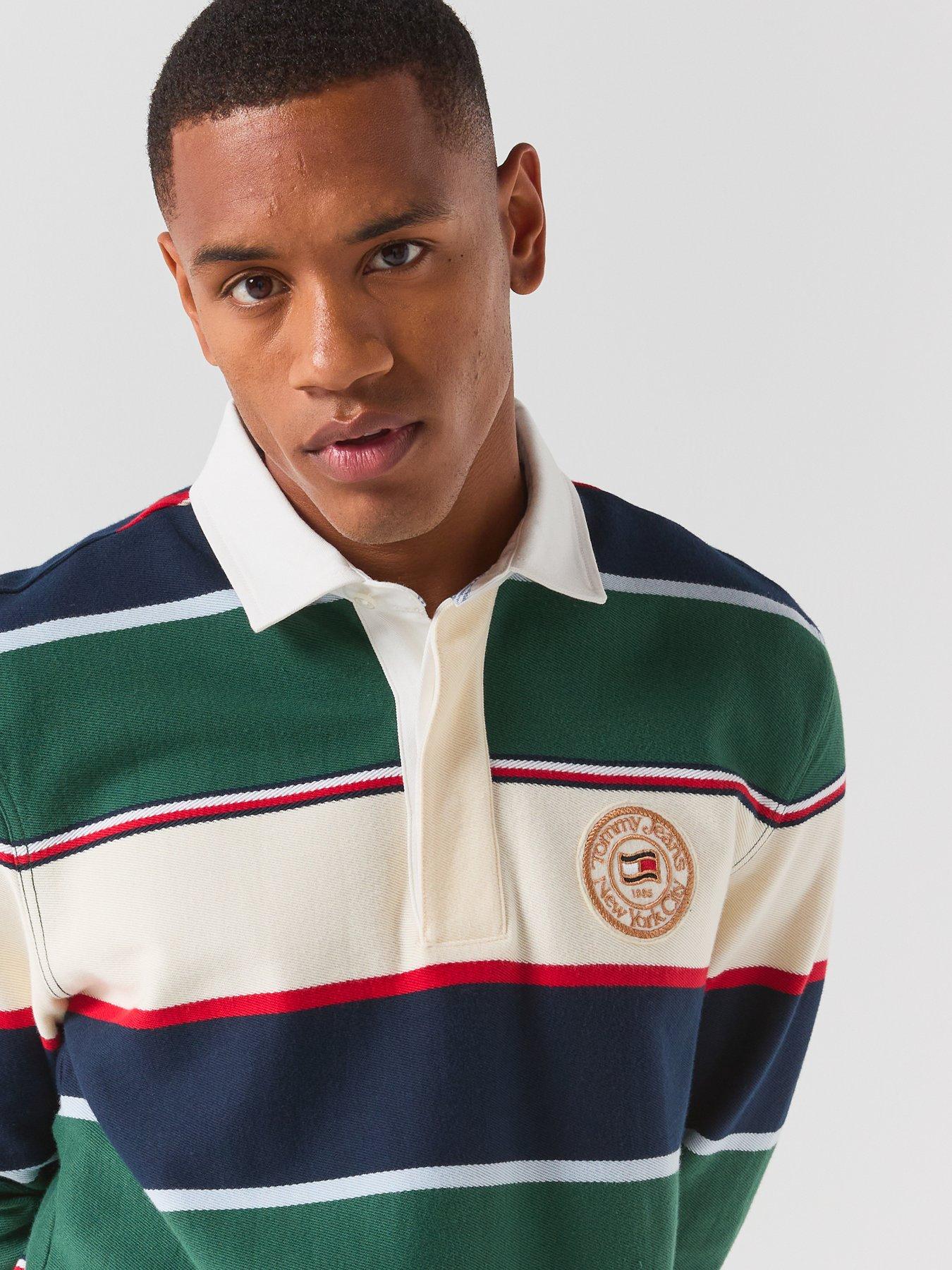 Image 5 of 6 of Tommy Jeans Mens Relaxed Varsity Stripe Long Sleeve Polo Shirt - Green