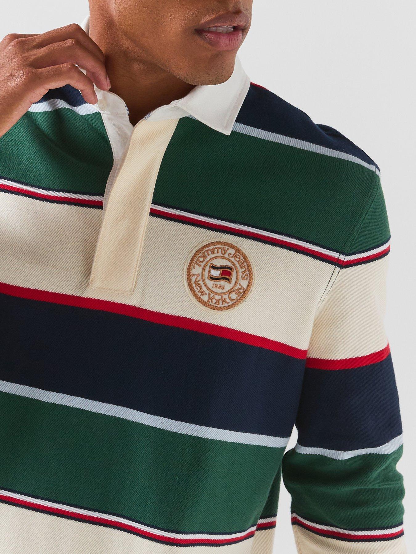 Image 6 of 6 of Tommy Jeans Mens Relaxed Varsity Stripe Long Sleeve Polo Shirt - Green