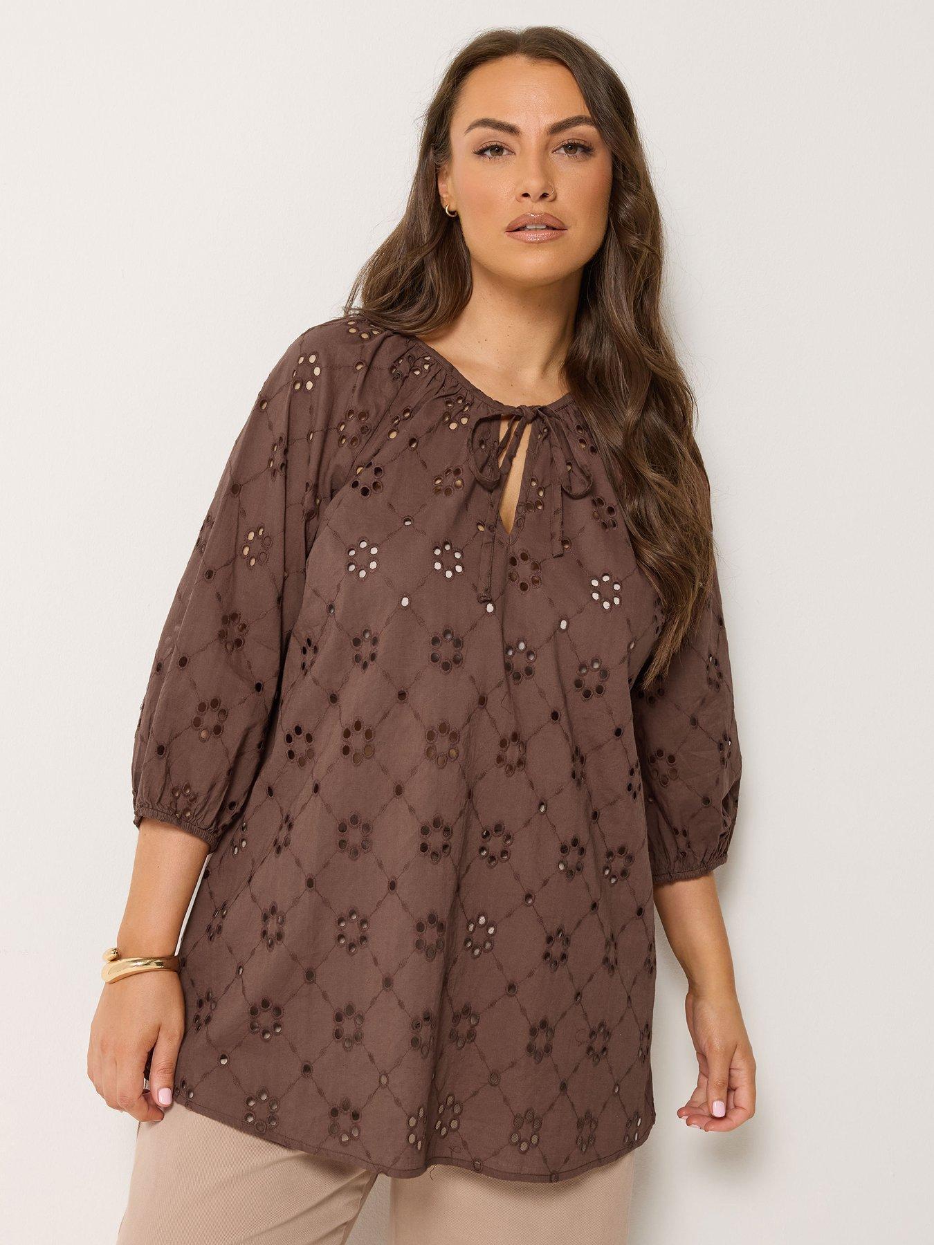 Yours Curve Broderie Gypsy Top - Brown