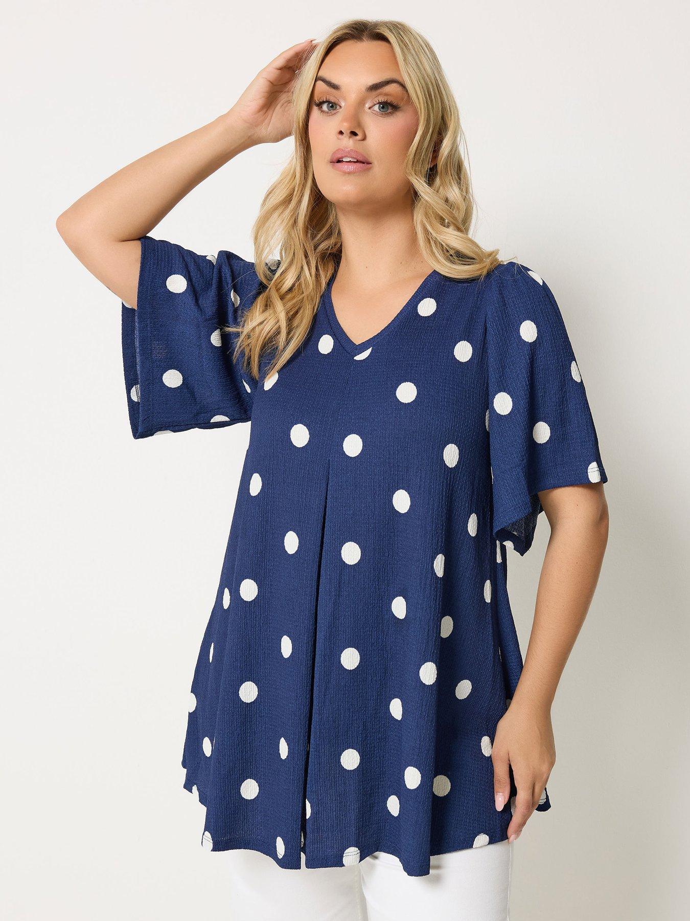 Image 1 of 4 of Yours Curve Textured Spot Print Pleat Front T-Shirt - Blue